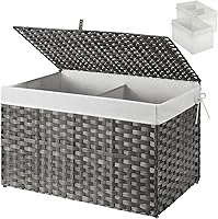 Greenstell 65L Wicker Storage Basket with Lid & Handles - Foldable Blanket Organizer, 2 Liner Bags, Metal Frame, Grey 22x13x13"