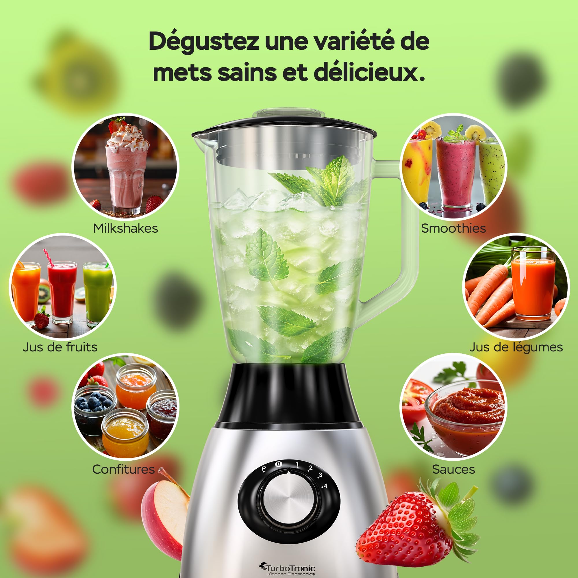 TurboTronic Mixeur 1200W, Blender avec bol en verre 1,5L, Fonction glace pilée – Sans BPA, Acier inoxydable – Smoothies, milkshakes et sauces