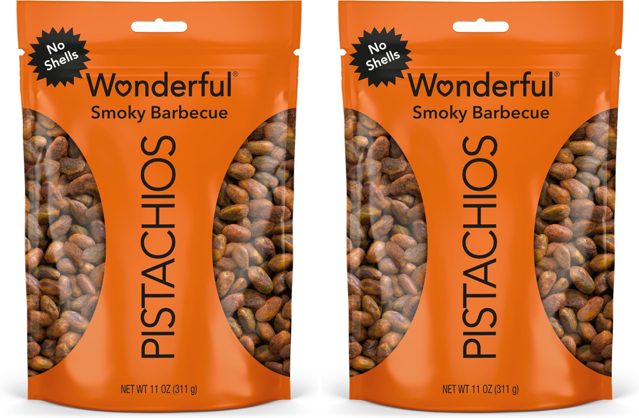 Wonderful Pistachios No Shells, Smoky Barbecue Flavored Nuts, 11 Ounce Resealable Bag, Protein Snacks, Gluten Free, Healthy Food (Pack of 2)