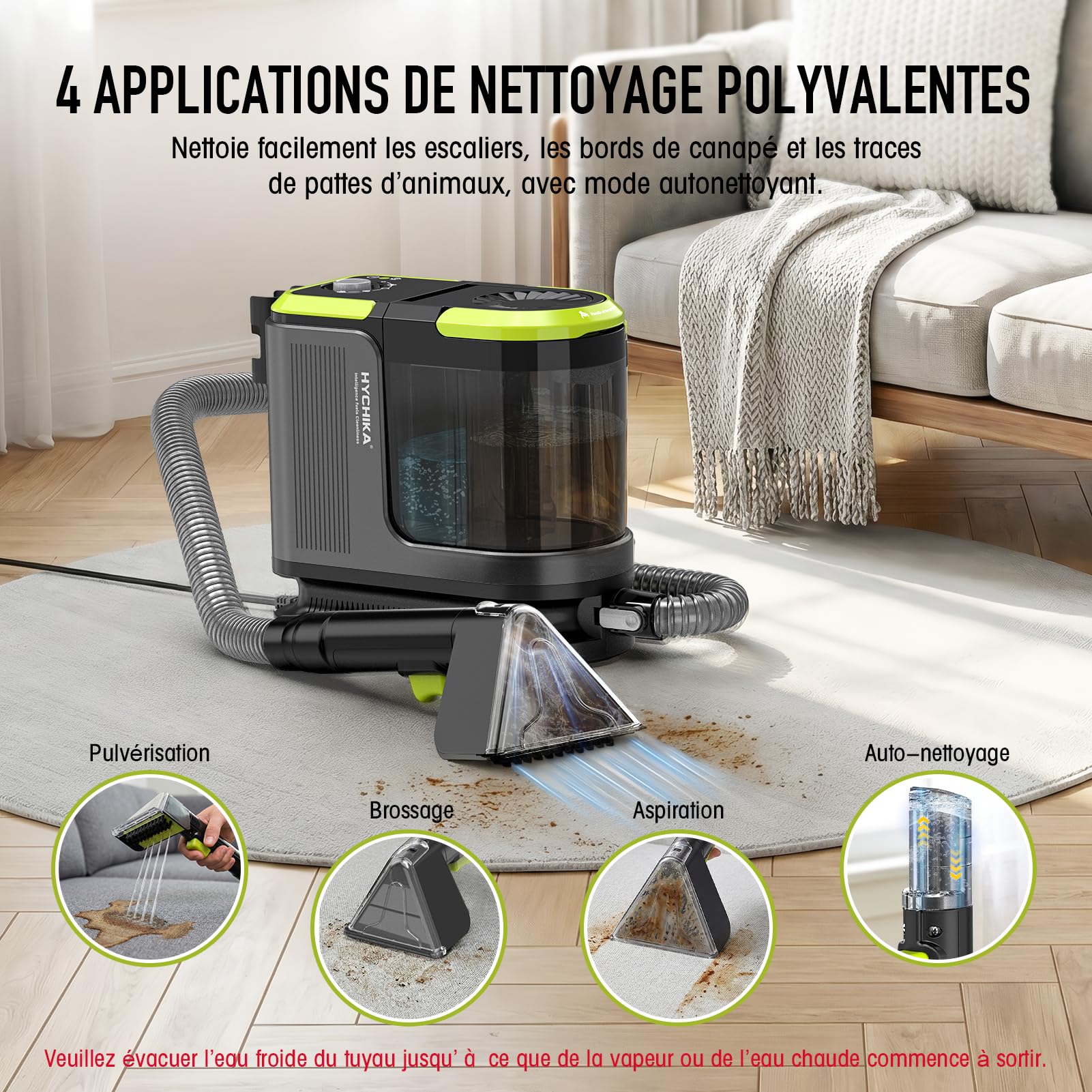 HYCHIKA Shampouineuse Canapé, Nettoyeur Canapé Tissu 1800W, 17 kPa Injecteur Extracteur Portable, avec Double Réservoir et Auto-Nettoyage, pour Tapis/Coussins/Sièges Auto, Familles Animaux