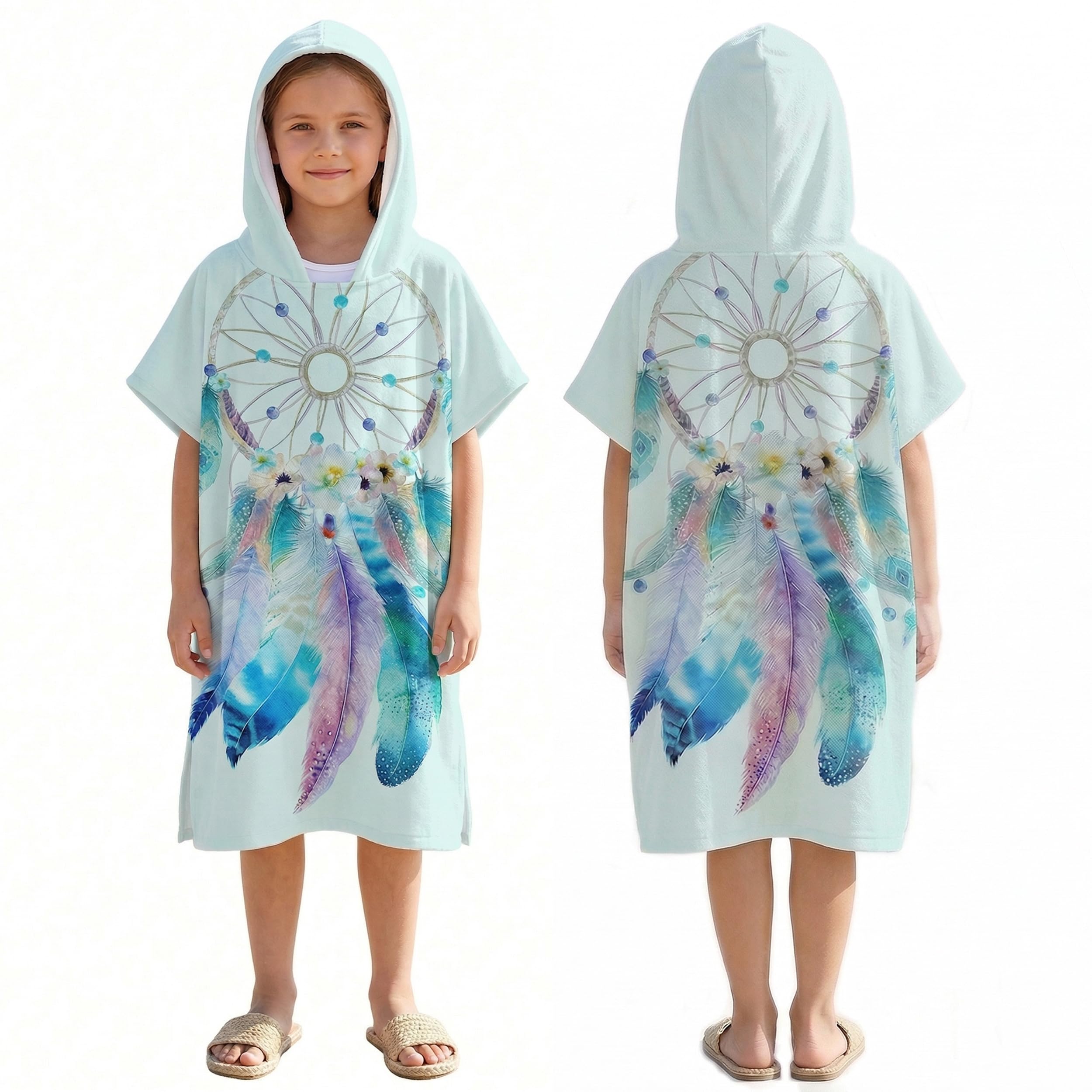 Lomtrats Dreamcatcher Quick-Drying Surf Poncho, Changing Towel, Bathrobe, Sports Towels For Swimmers,Hoodie For Kids,Swimming,Beach,Surfing,Diving,Bathing（Kid-M）