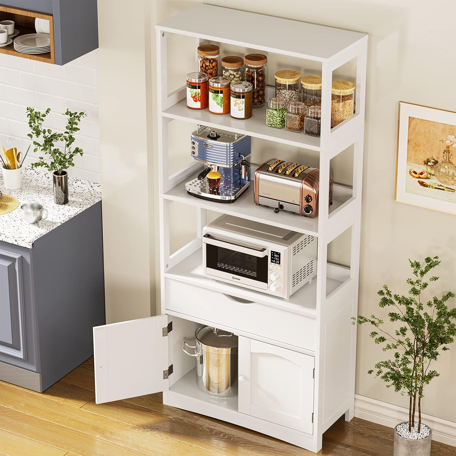 DICTAC Kitchen Pantry Storage Cabinets Freestanding Tall Bathroom Cabinet with Shelves and Drawer 64''H Sideboard Microwave Space Cupboard Organizer for Home Office,White, 23.62x13x64.06inch | Freestanding, Tall, with Shelves, and Drawer, with Microwave Space