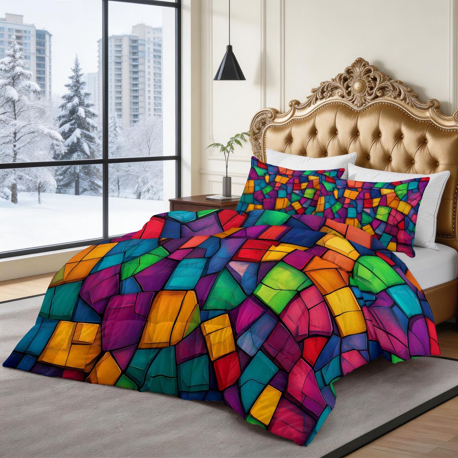 CozyRest Edredon Relleno nordico Cama Infantil Algodón - Geométrico Mosaico Cuadrado Rejilla - Bebe rellena Juego de Manta con Almohada 50 x 75 cm por niños e niñas Colorido