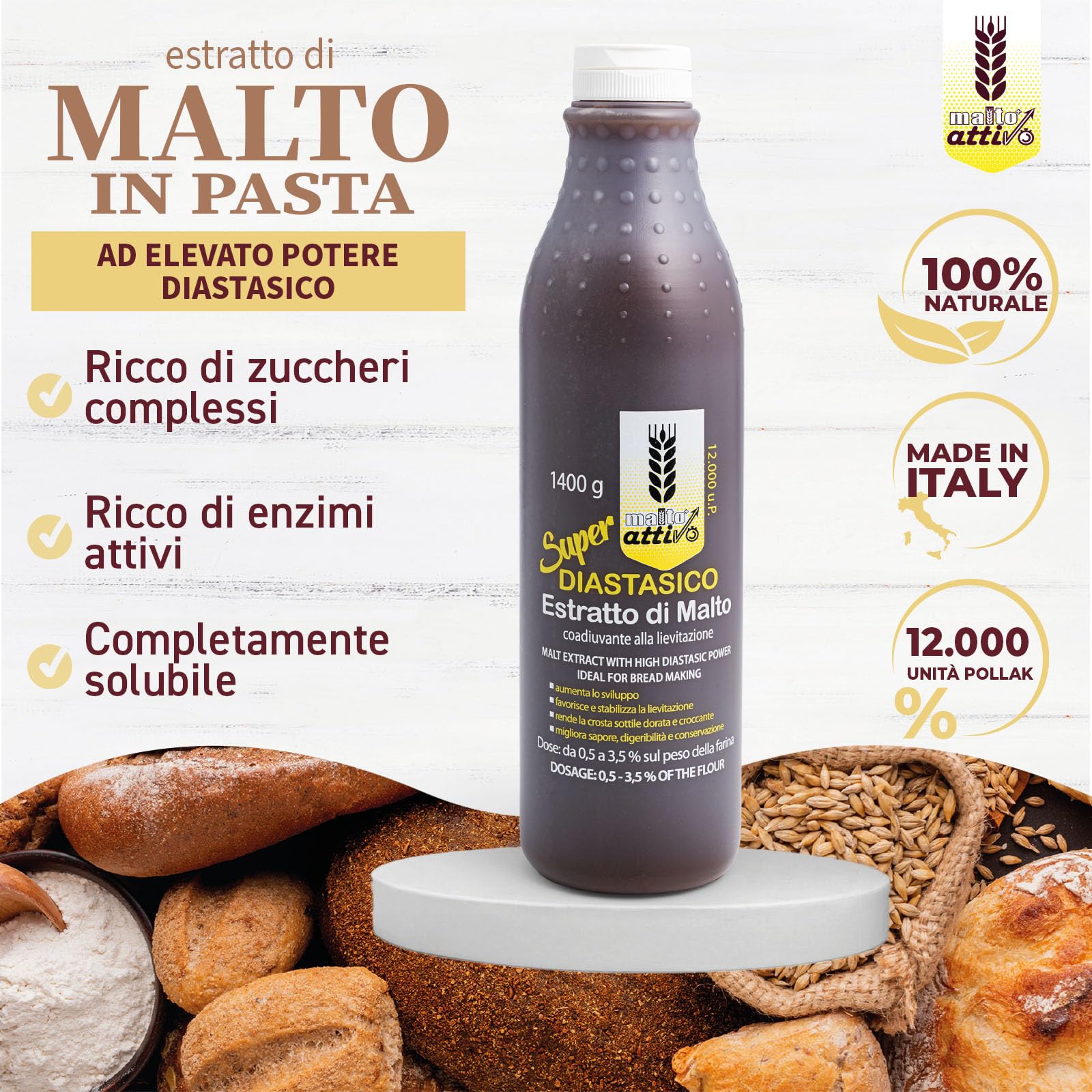 Malto Attivo, Box da 4 pezzi di Super Diastasico 1400g, Estratto di Malto ad Elevato Potere Diastasico, Malto d’Orzo e Mais Ideale per Panificazione, 12.000 Unità Pollak, Made In Italy.