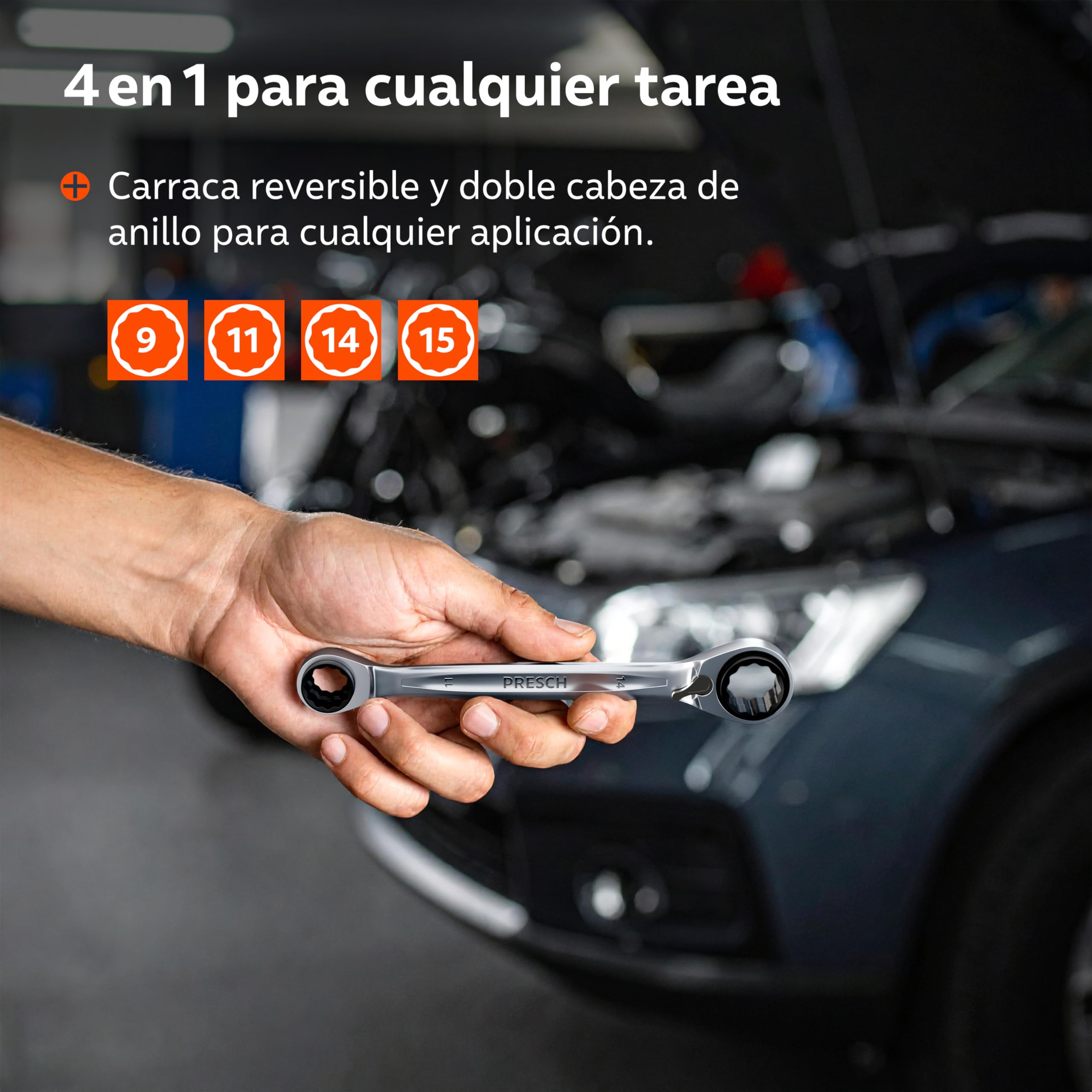 PRESCH Llave carraca doble 4 en 1 (9/11mm y 14/15mm) – Función de reversible – Con 90 dientes y ángulo de retroceso de 4° – 4 tamaños en una sola llave de carraca - Extremadamente resistente