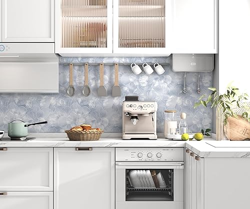 Miniatura 4 de tiltil Papel tapiz autoadhesivo de 17.7 x 78.8 pulgadas, papel de contacto con flores, color azul y blanco, papel tapiz autoadhesivo extraíble,