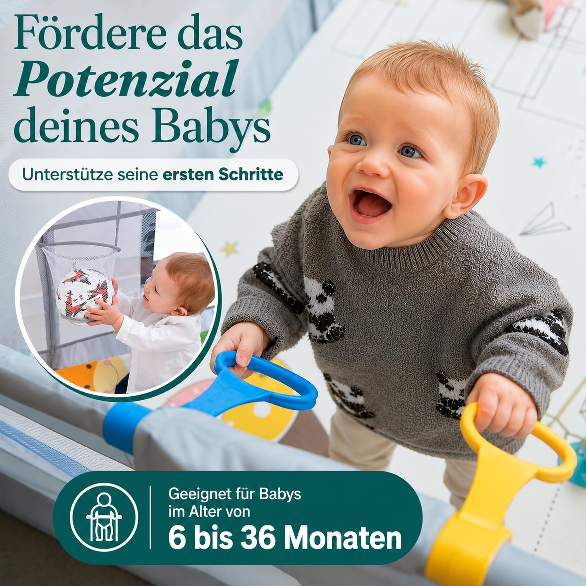 PARVULI Laufstall Baby 120x120 cm cm mit gepolsterter Spielmatte faltbar Laufgitter für Zuhause aus stabilem Eisen atmungsaktives Mesh - Tiere