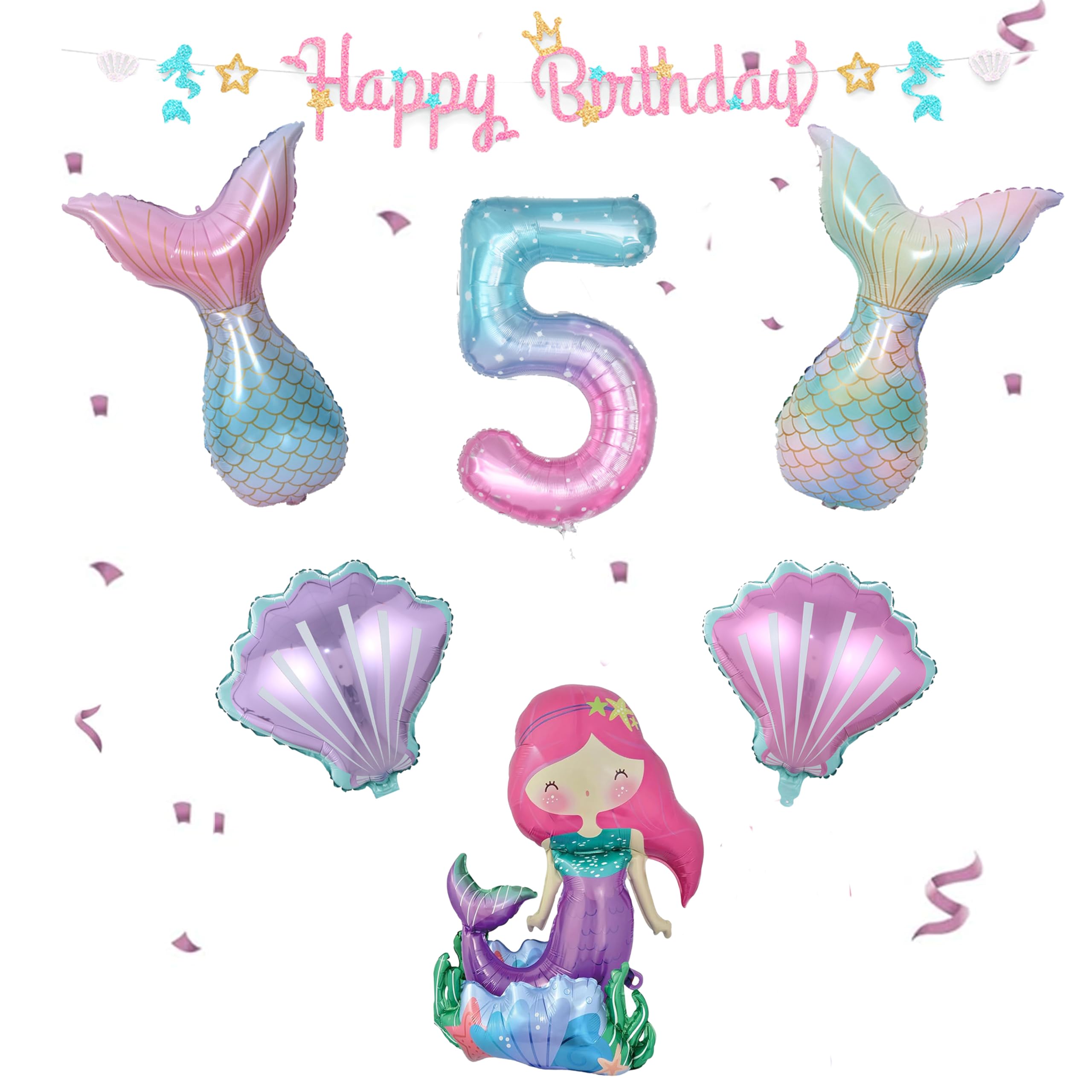 Mermaid Birthday Decoration Mermaid Balloons Kit with 40Inch Number 5 Balloons Happy Birthday Banner Tail Shell Foil Sea Balloons for Girls Under The