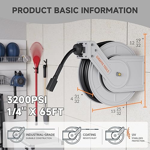 Miniatura 3 de Giraffe Tools Carrete de manguera para lavadora a presión de 65 pies, carrete de manguera de lavadora eléctrica de 3200 PSI, carrete de manguera