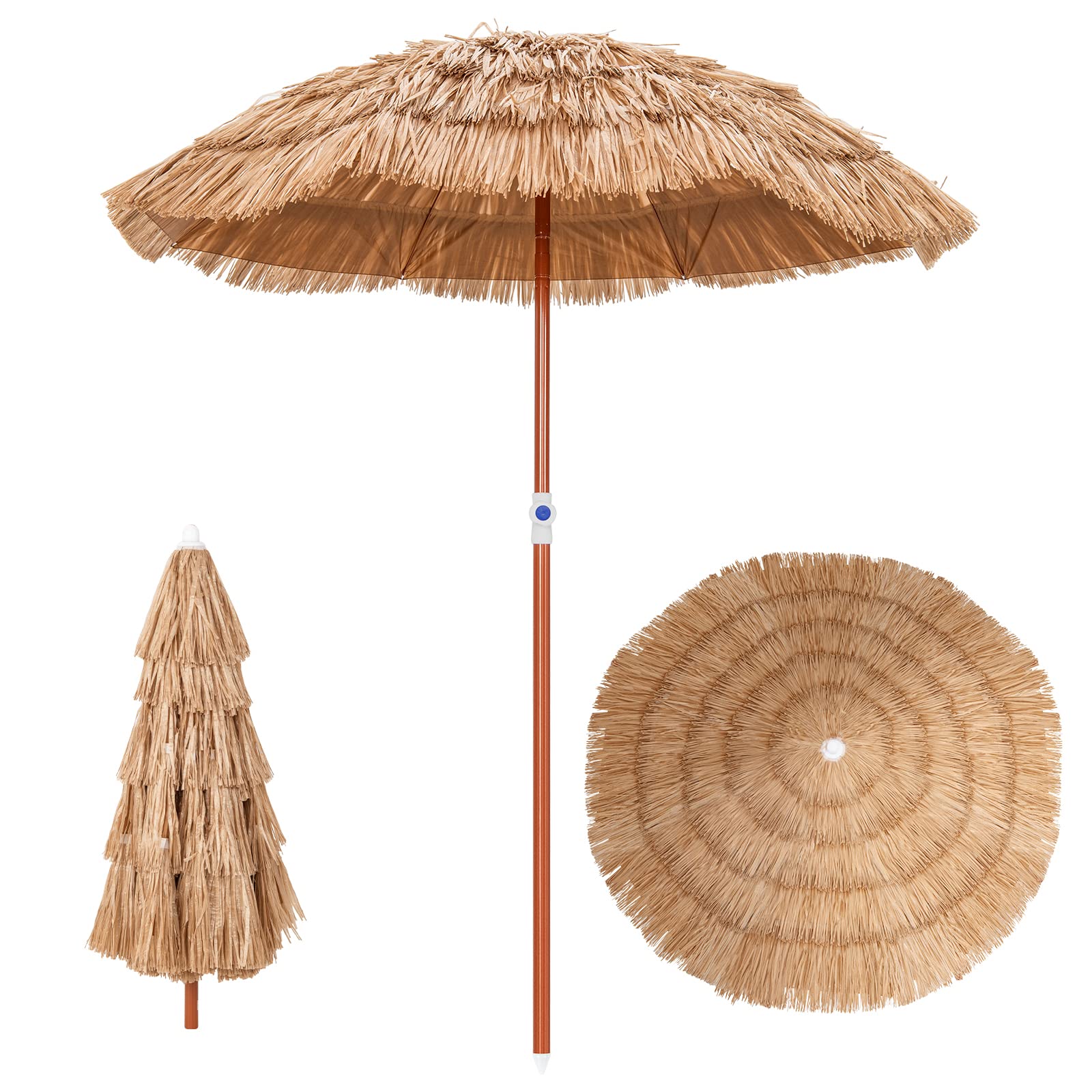 COSTWAY Sonnenschirm Hawaii, Strandschirm PP-Stroh, Strohschirm | höhenverstellbar, 40° knickbar, 155 cm Gartenschirm mit Erdspieß, Terrassenschirm mit Tragetasche für Garten, Strand