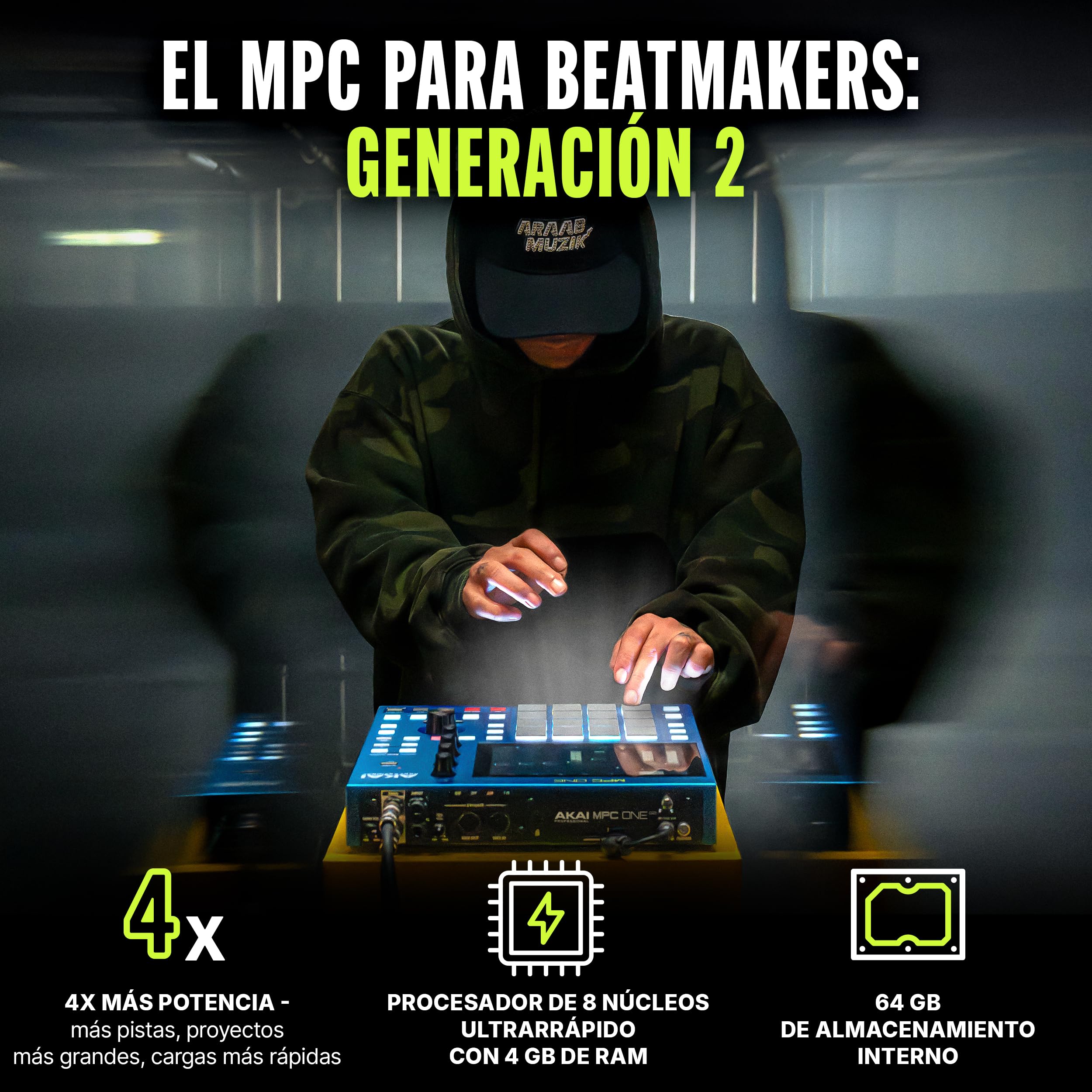 Akai Professional MPC One G2 Centro Producción Autónomo Next-Gen | Para beatmakers y productores, sampling, secuenciación y creación, con USB-C, 16 pads MPC, procesador 8 núcleos, 4GB RAM