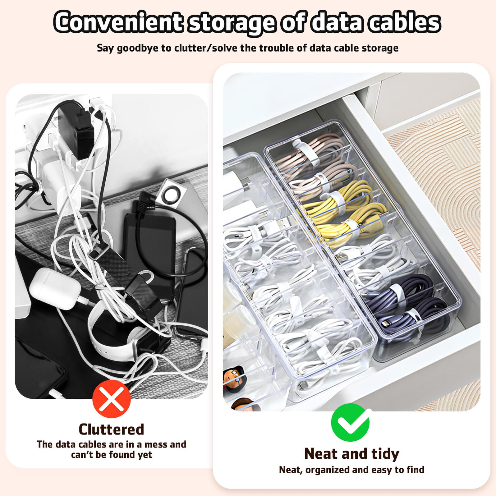 Scatola Organizer Cavi Dati Trasparente 2 Pezzi in Plastico | Etichette Adesive Incluse, 20 Fascette per Fissaggio, Formato Compatto per Gestione Ordinata