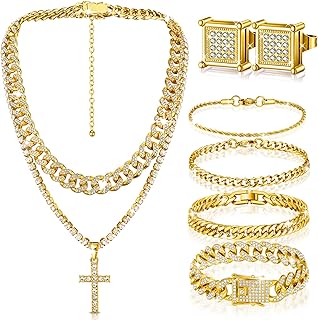 6 Pcs Hip Hop Jewelry Set for Men Rhinestone Link Chain Bracelet Earring...