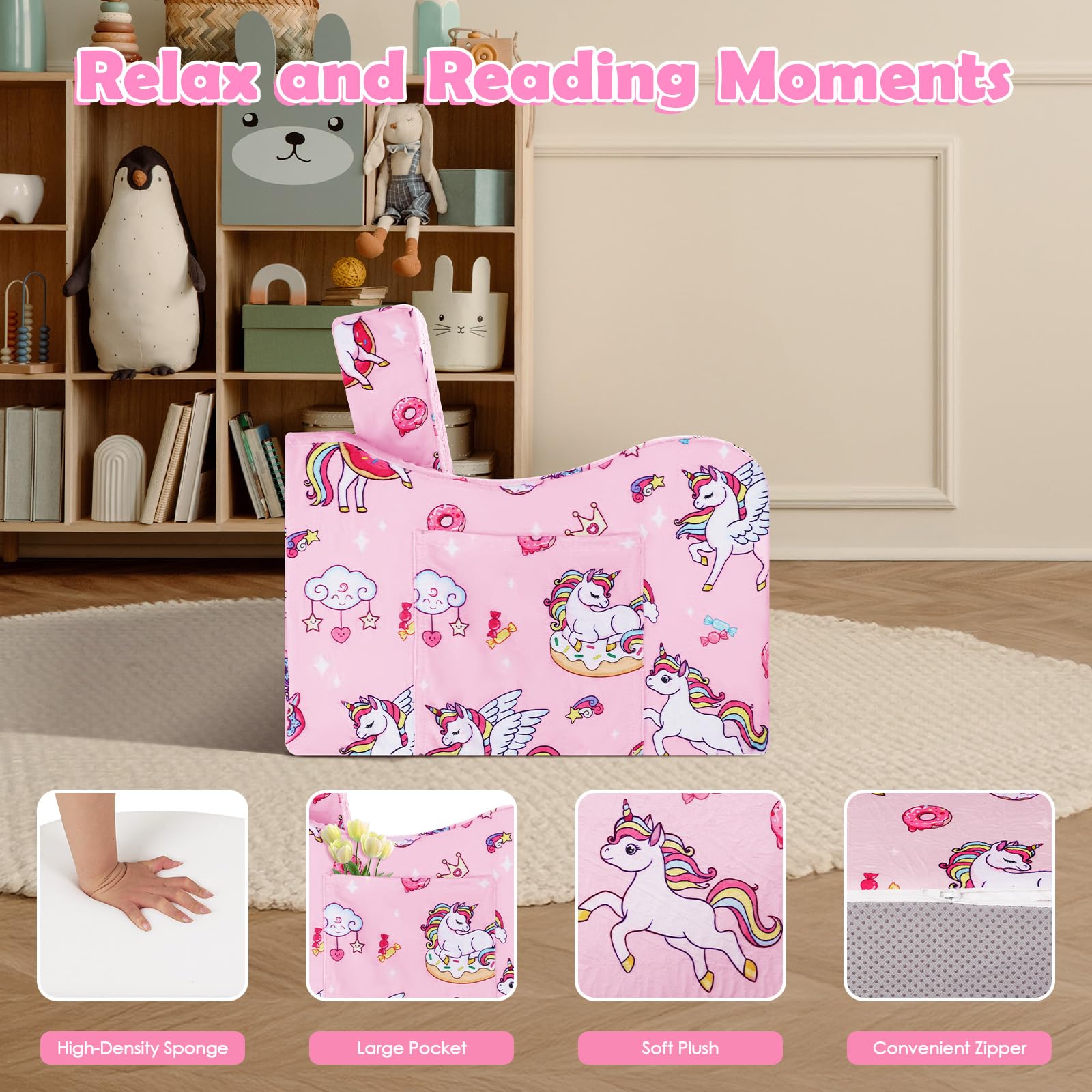 Convertible Canapé pour Enfants, Pliant Sofa Bed 2 en 1 pour Filles et Garçons, Petit Canapé Lit Stable pour Chambre Coin Lecture Salon,Rose Licornes Bonbons