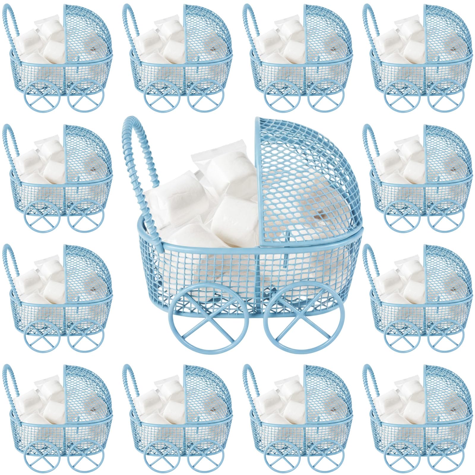 Threehoney 24 Pcs Baby Shower Mini Carriage Decoration Blue Metal Wired Fillable Candy Stroller Baby Shower Table Centerpiece for Guest Gender Reveal Wedding Party Favor Gift