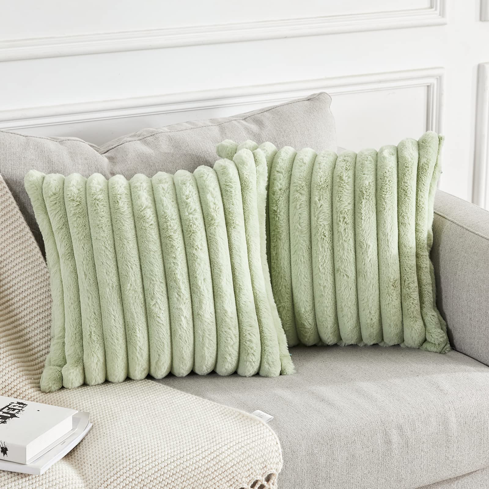 Joyouth Green Pack Of 2,Double-Sided Faux Fur Plush Decorative Throw Pillow Covers Fuzzy Striped Soft Pillowcase Cushion Covers For Sofa Couch Bedroom 20X20 Inch