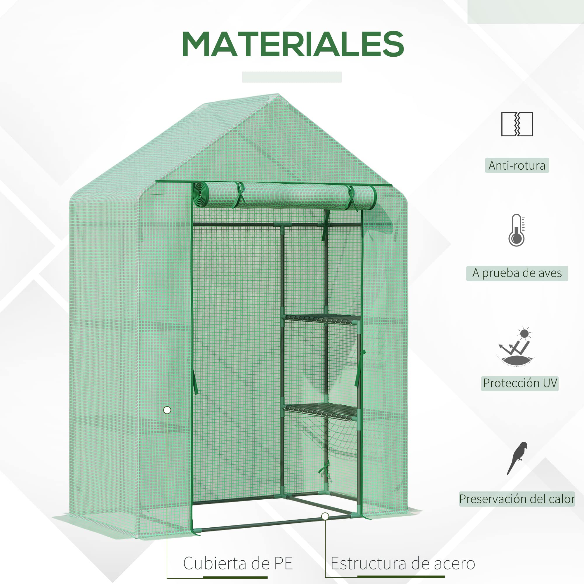 Outsunny Invernadero de Jardín con 4 Estantes 141x72x191 cm Verde | Puerta Enrollable, Cubierta de PE 140g/M², Marco de Acero, para Cultivos Plantas Macetas Flores
