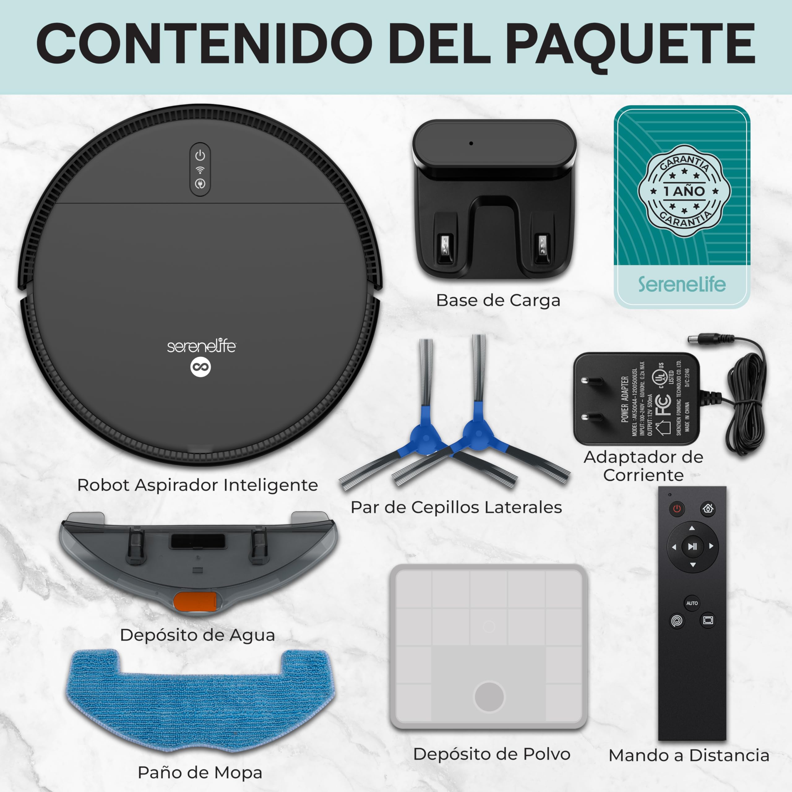 SereneLife Robot aspiradora y mopa Inteligente automática, Control por aplicación, 3 Modos de Limpieza, Autocargable, Succión de 700Pa, Ideal para Pelo de Mascotas, alfombras y Suelos Duros