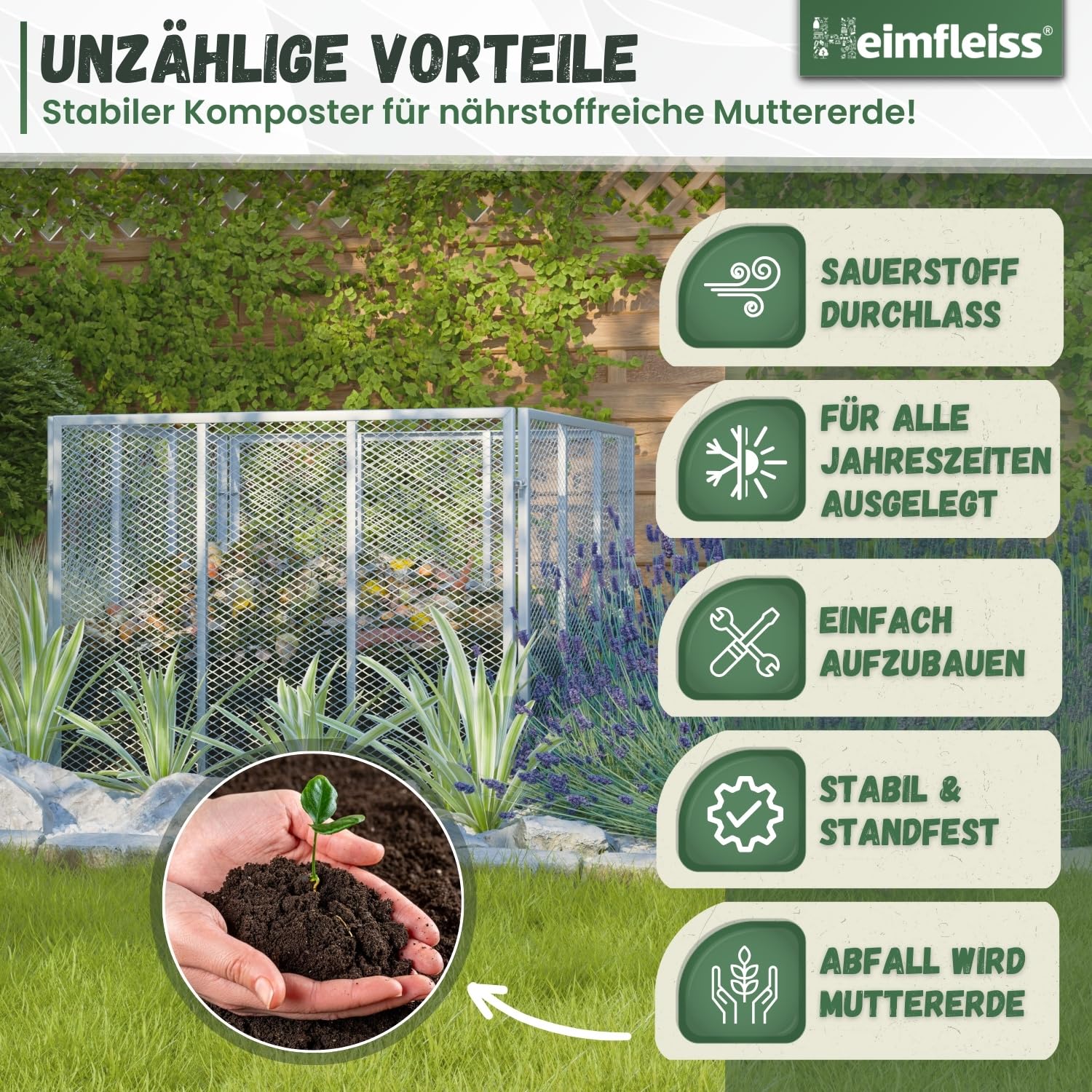 Heimfleiss® Komposter Garten 100x100x75 cm | 750L Metallkomposter verzinkt & pulverbeschichtet | Metall Kompostbehälter für Rasenschnitt & Biomüll | Gartenkomposter mit Stecksystem | Kompost Behälter