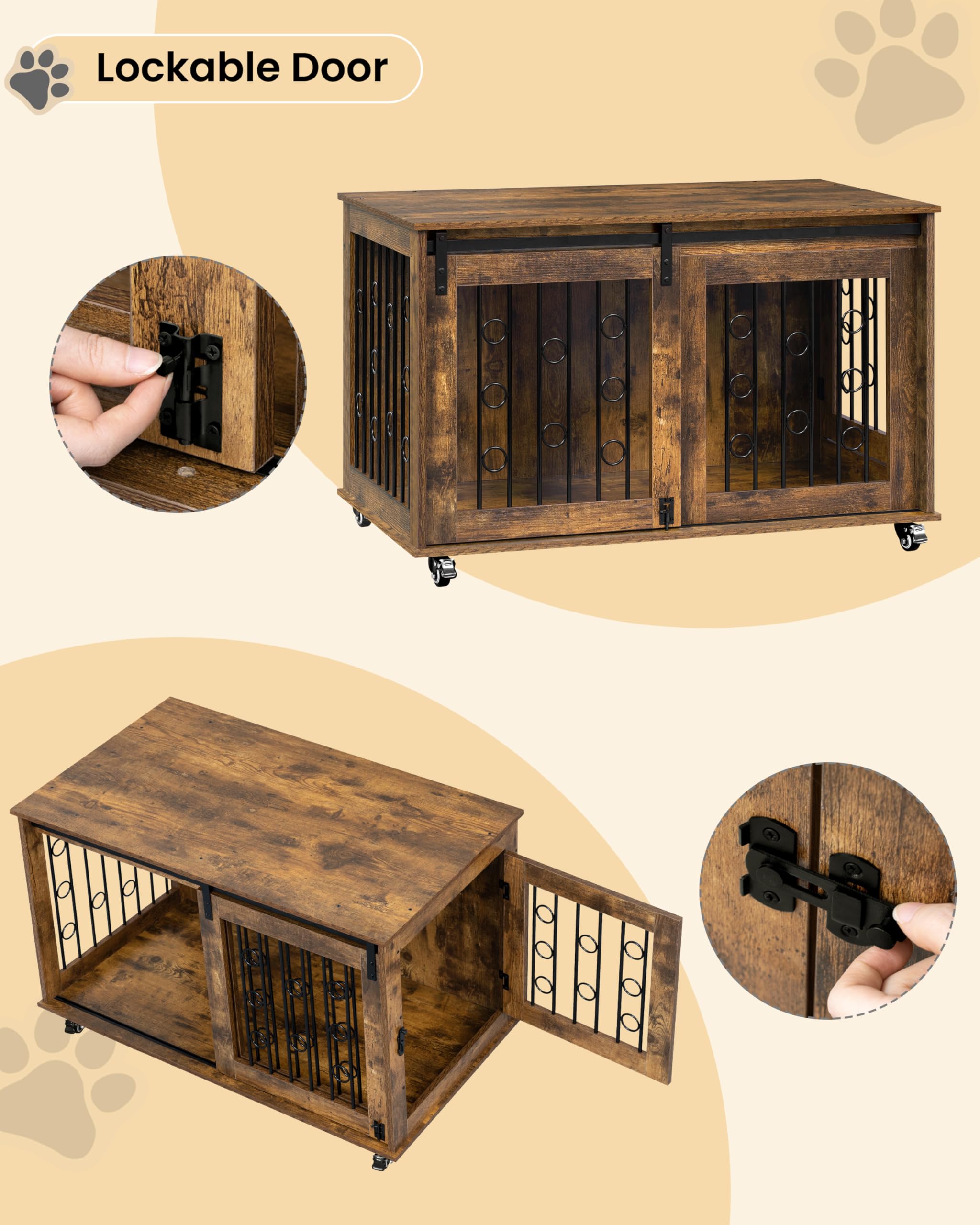 EUGAD 100cm Gabbia per Cani, Mobile Kennel per Cani da Interno, Kennel Cane in Legno con 2 Porte Ruote 360° Gabbie per Cane Medio Grande, Dog Crate Arredamento Marrone Vintage 100x56x65cm
