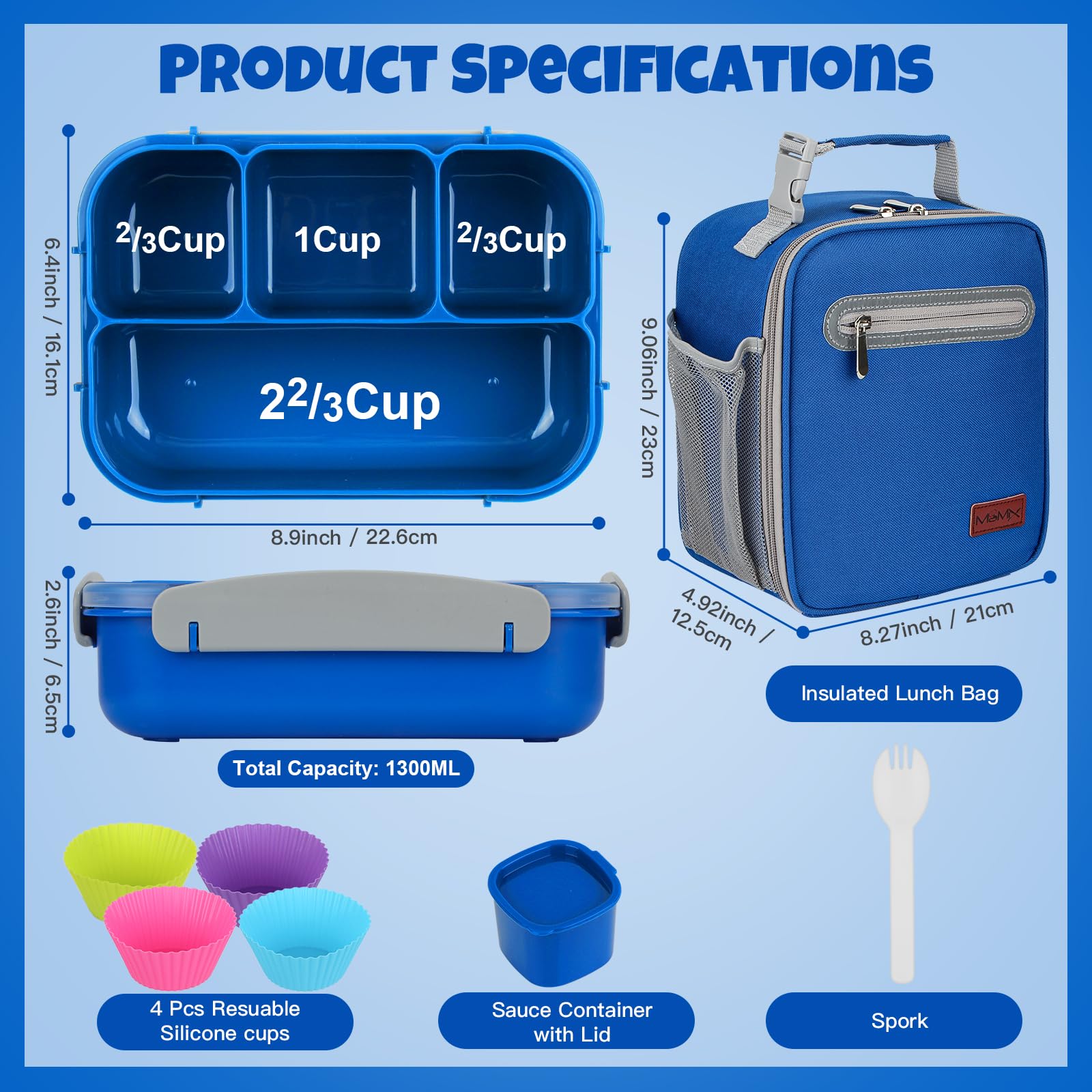 MaMix Bento Box for Kids Lunch Box, Lunchable Containers for Kids Adults with 4 Compartments + Lunch Bag, with Utensils, Sauce Jar, Muffin Liners (bright blue set)