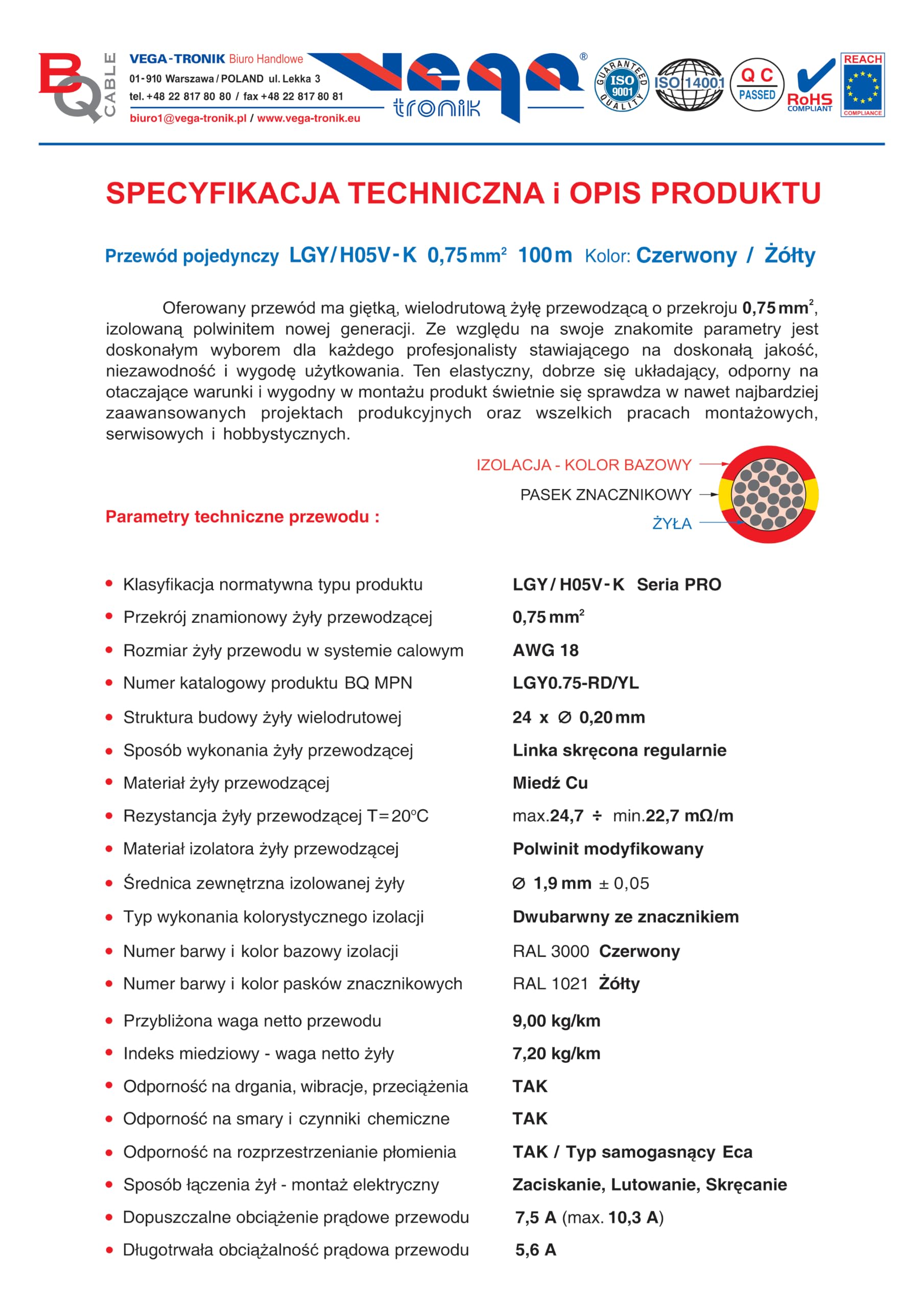 Przewód pojedynczy LGY/ H05V- K 0,75 mm2 100 m Kolor: czerwony/żółty