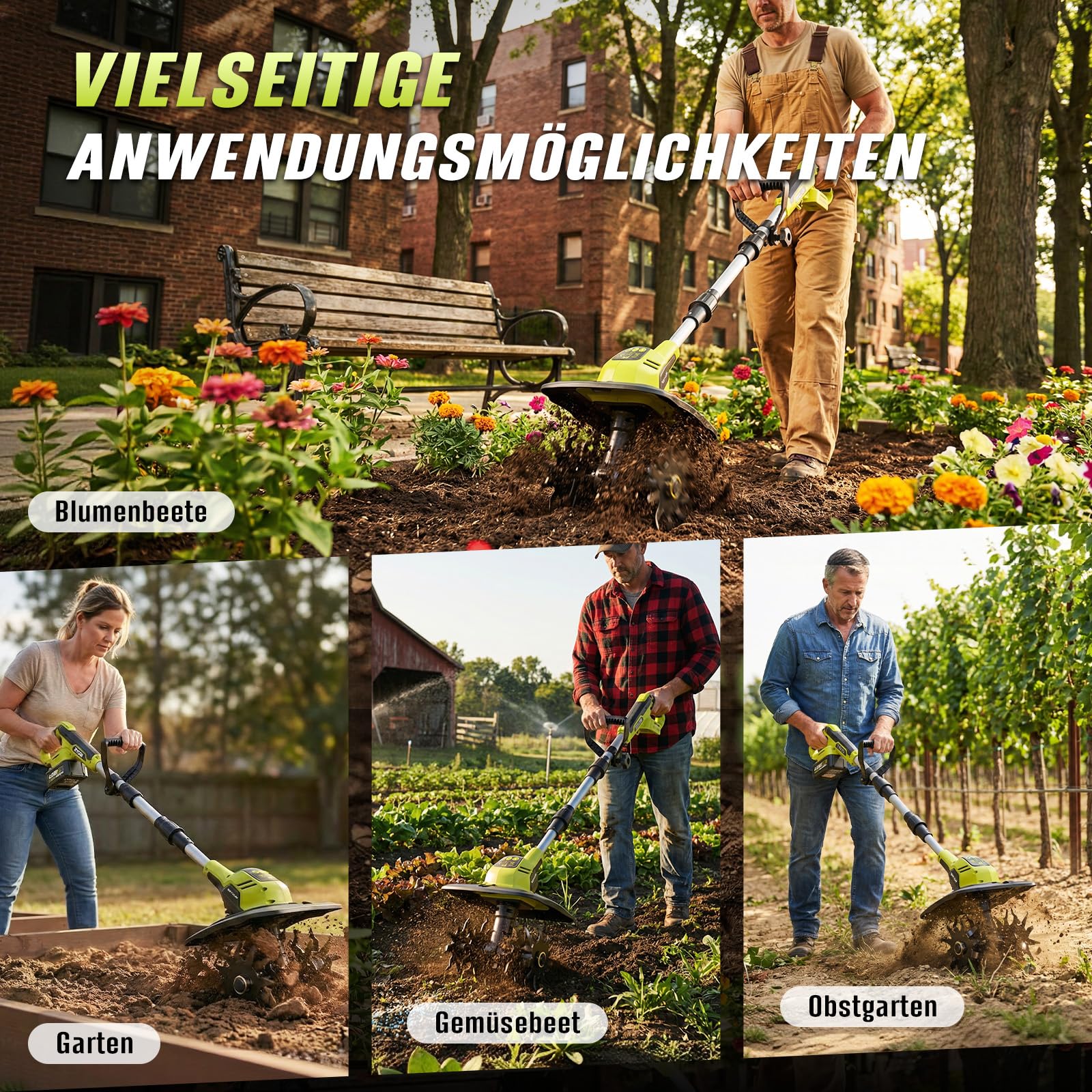 Akku Bodenhacke,Akku Gartenfräse,mit 2 x 4,0 Ah Akkus und Ladegerät,21V Elektro Motorhacke,18 cm Arbeitstiefe, 23cm Arbeitsbreite,48 Hackmesser für Beet, Acker & Landwirtschaft