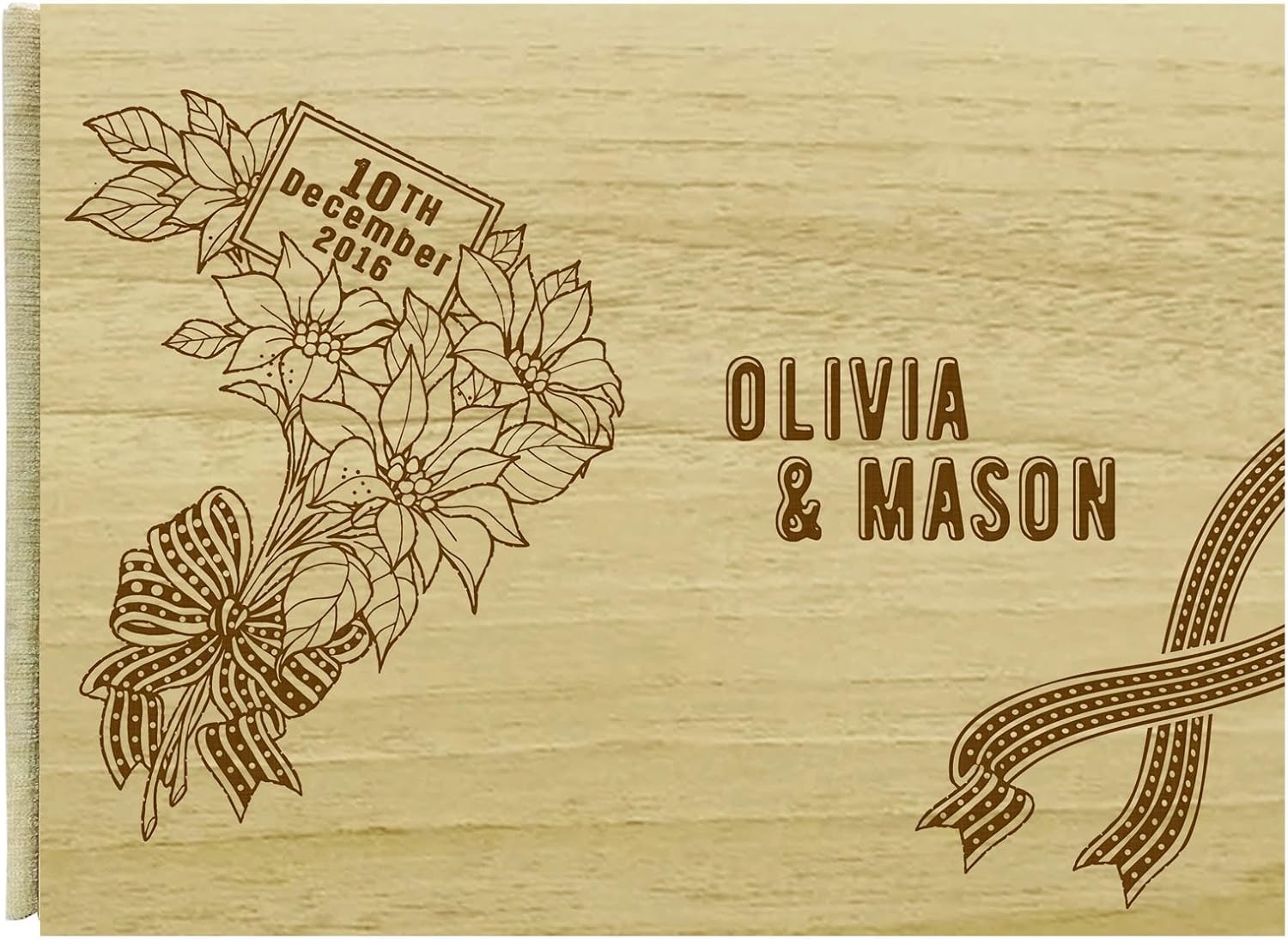 Wood Wooden Floral Engraved Bride & Groom Advice Book Personalized Rustic Wedding Guest Book - 50 Pages