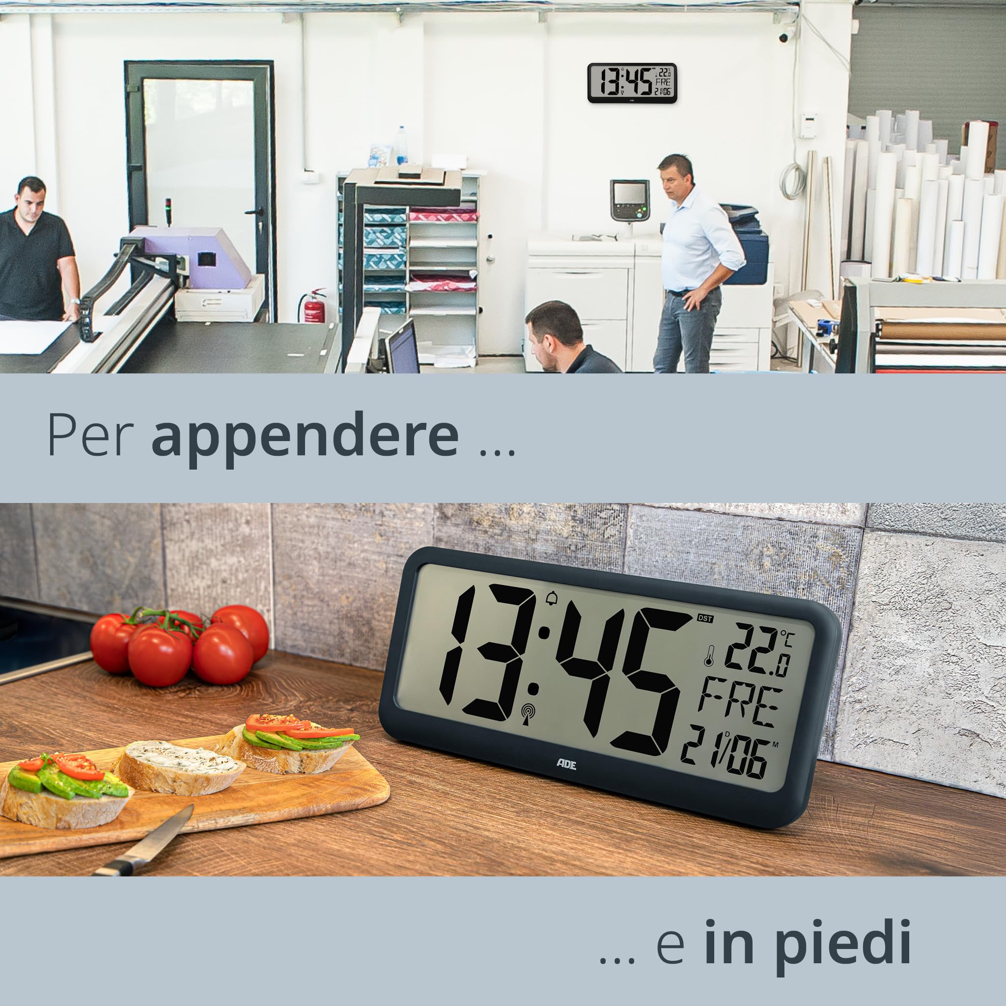 ADE Orologio digitale radiocontrollato con cifre XXL | grande orologio da tavolo e da parete con calendario | termometro e funzione di sveglia | perfetto per anziani, portatori di occhiali, ipovedenti