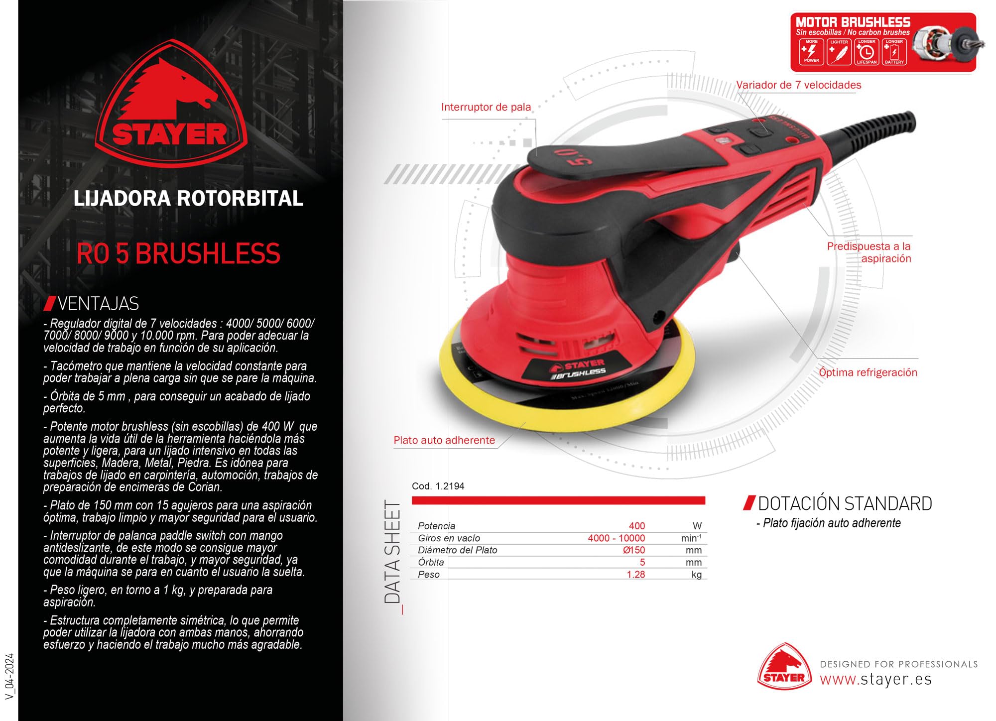 Stayer - Lijadora rotorbital BRUSHLESS PROFESIONAL RO 5 BRUSHLESS
