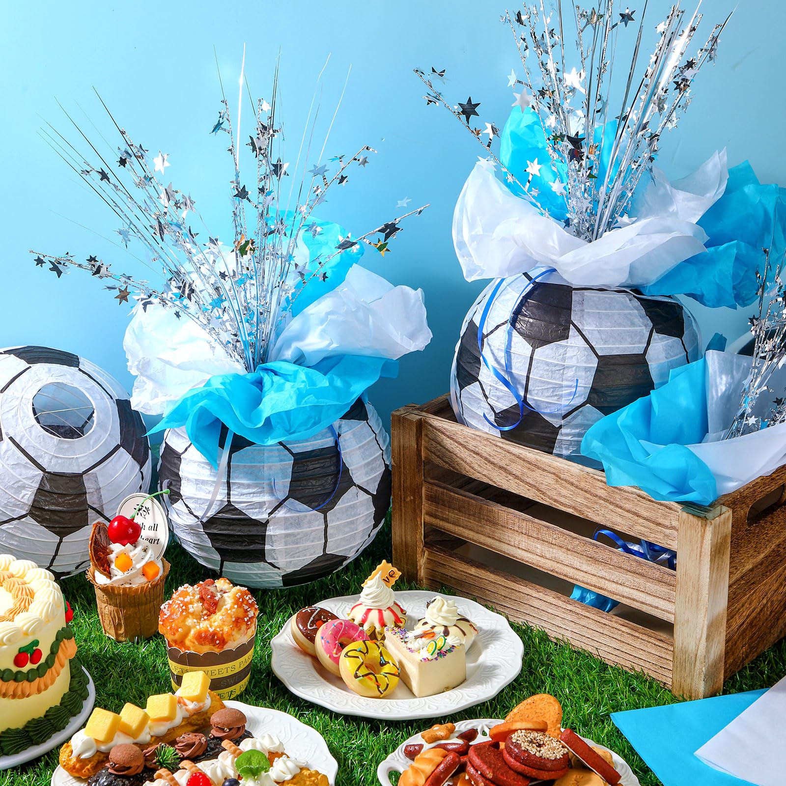 Rossesay 26 Pieces Soccer Ball Lantern Centerpieces Decorations Soccer Centerpieces Supplies with Metallic Foil Spray Centerpiece Wrapping Paper and Ribbons for Soccer Birthday Party Decorations