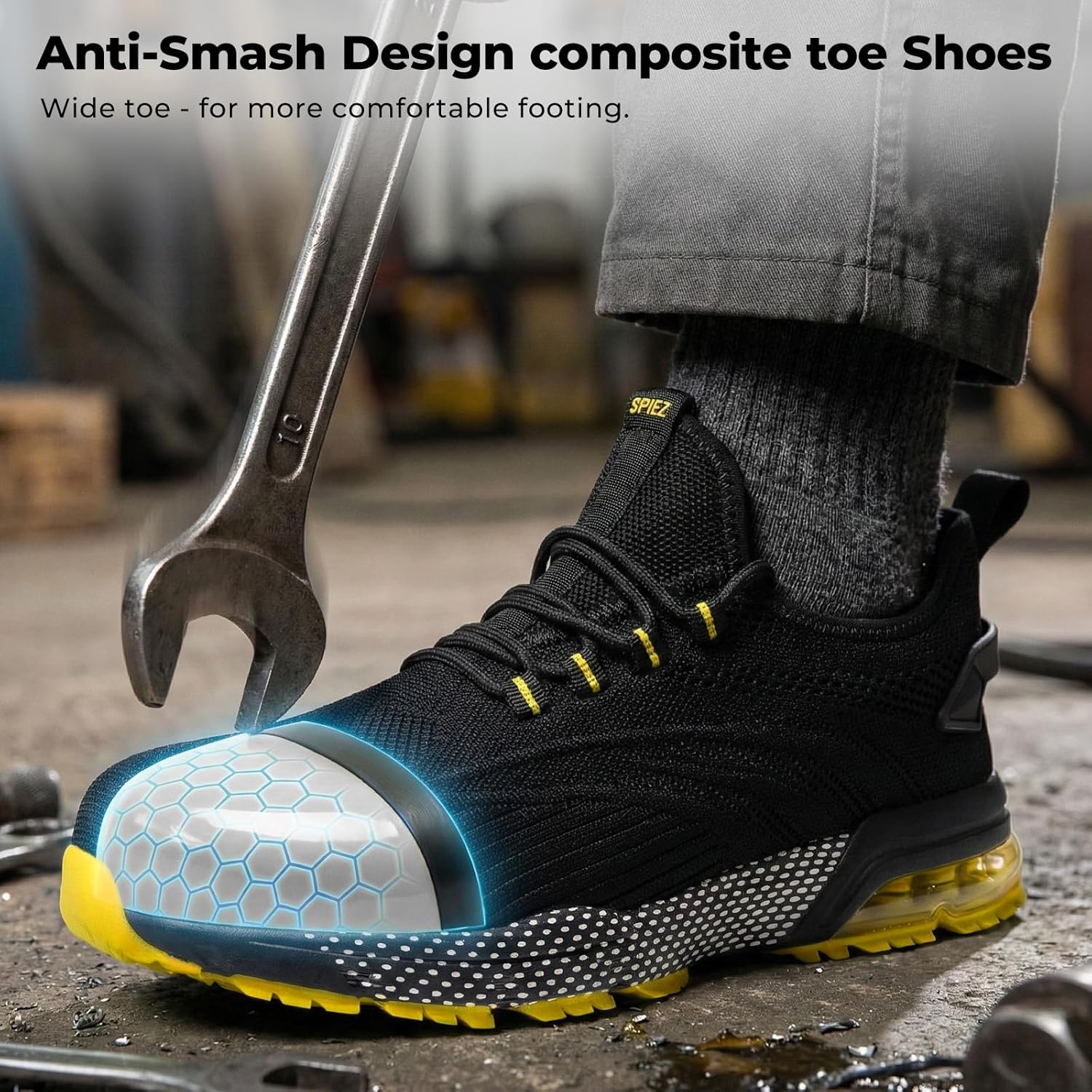 SPIEZ Composite Toe Shoes for Men Women, Lightweight Breathable Non Steel Toe Safety Shoes, Puncture Proof Slip Resistant Work Sneakers Black Blue/Black Yellow US5-12 - Image 5