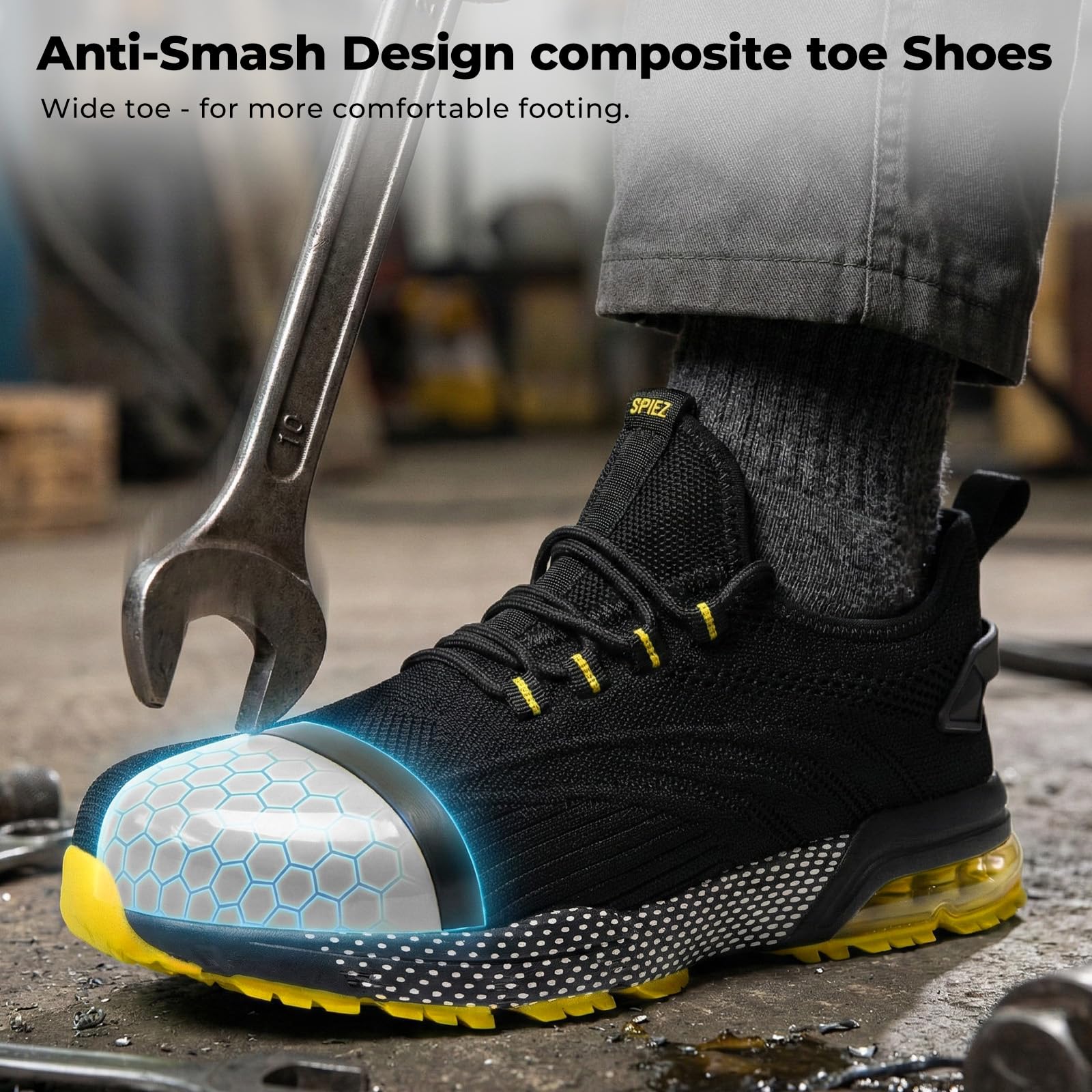 SPIEZ Zapatos de Seguridad para Hombre Mujer, Zapatillas de Seguridad con Punta Compuesta y Amortiguación de Aire, Zapatos de Trabajo Ligeros Transpirable Negras Azul/Negro Verde Talla EU36-46