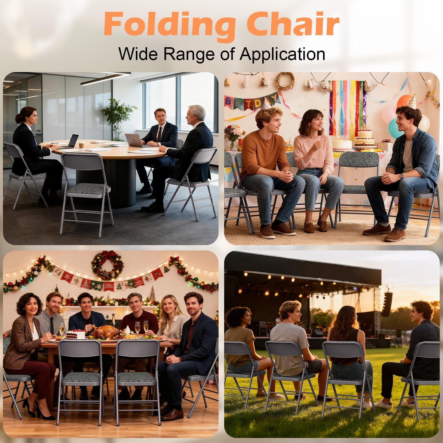 VTOY Commercial Grade Folding Chair with Padded Fabric Cushion（16"X16" |Double-hinged Legs Luxury Style|4.5kg Capacity Max Weight 150Kg for Home and Office,Indoor and Outdoor Events (2, Fabric-Grey)