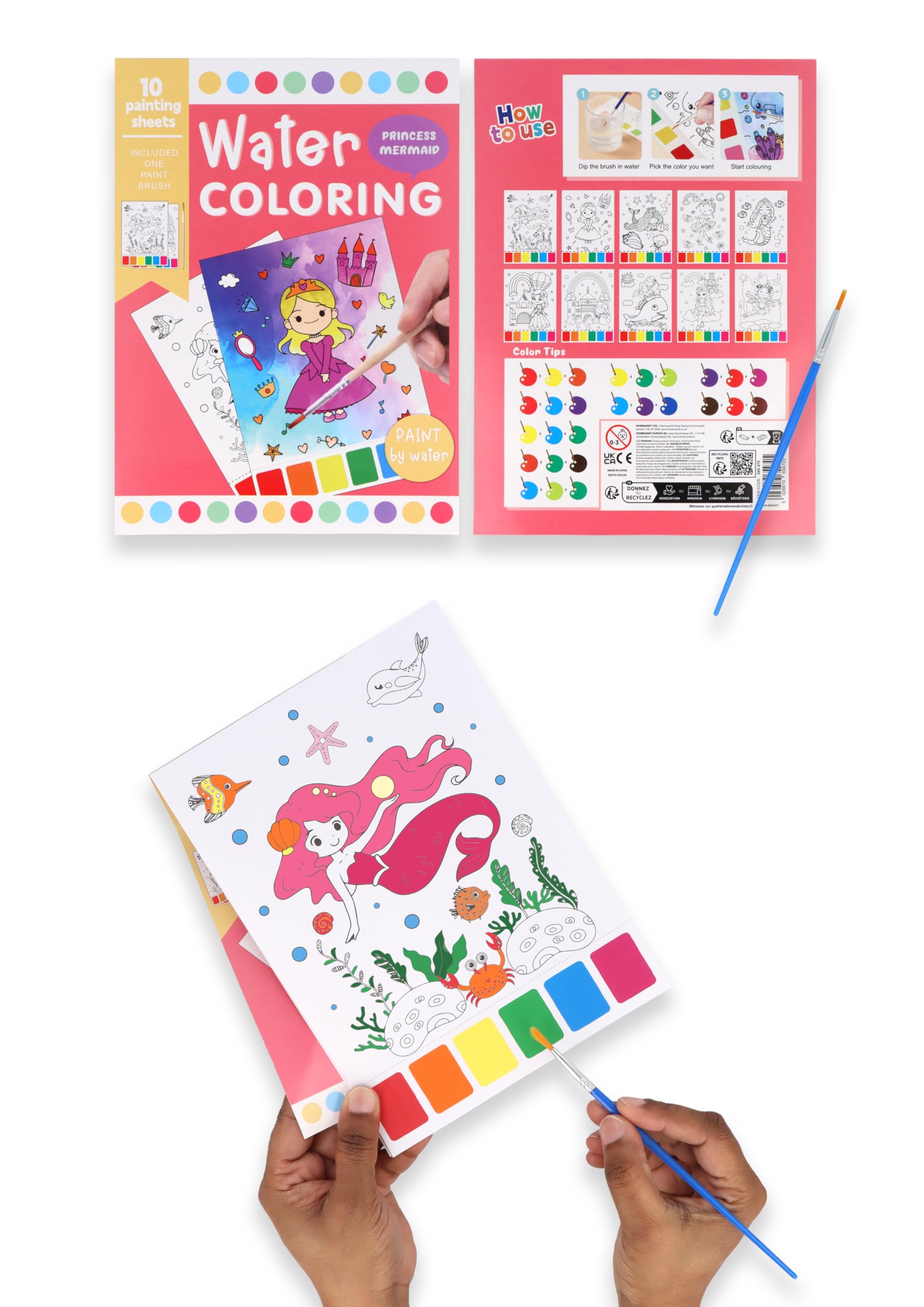 HENBRANDT Dinosaur Water Colouring Sets - Painting Activity Kit with 10 Sheets Paint Brush Children Kids Creative Art Play Educational Designs (1, Princess)