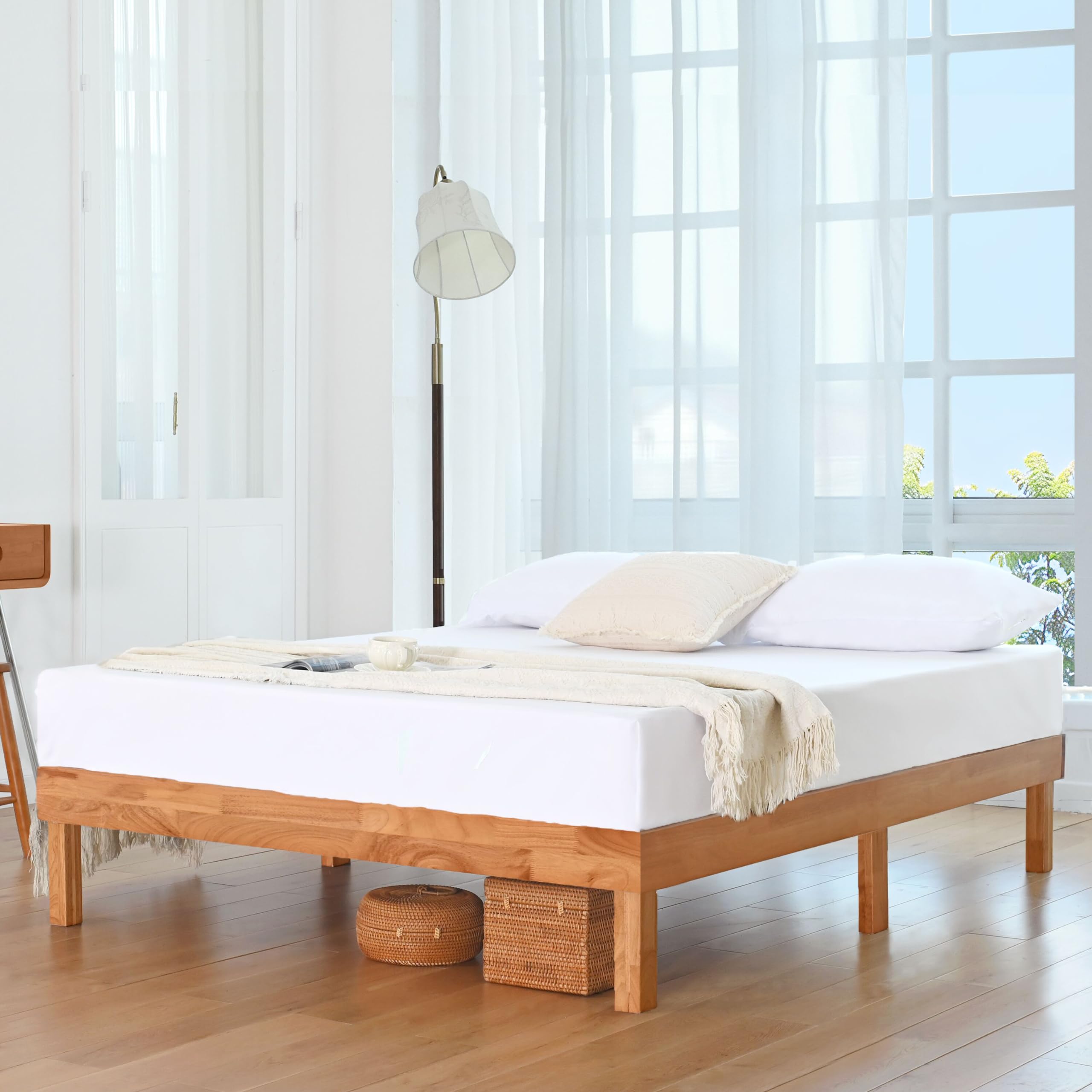 DELAVIN Solid Wood Platform Bed Frame, Modern Queen Bedframe, Oak Wood Foundation, Wood Slat Support, No Box Spring Needed, Easy Assembly, Queen Size, Rustic Pine