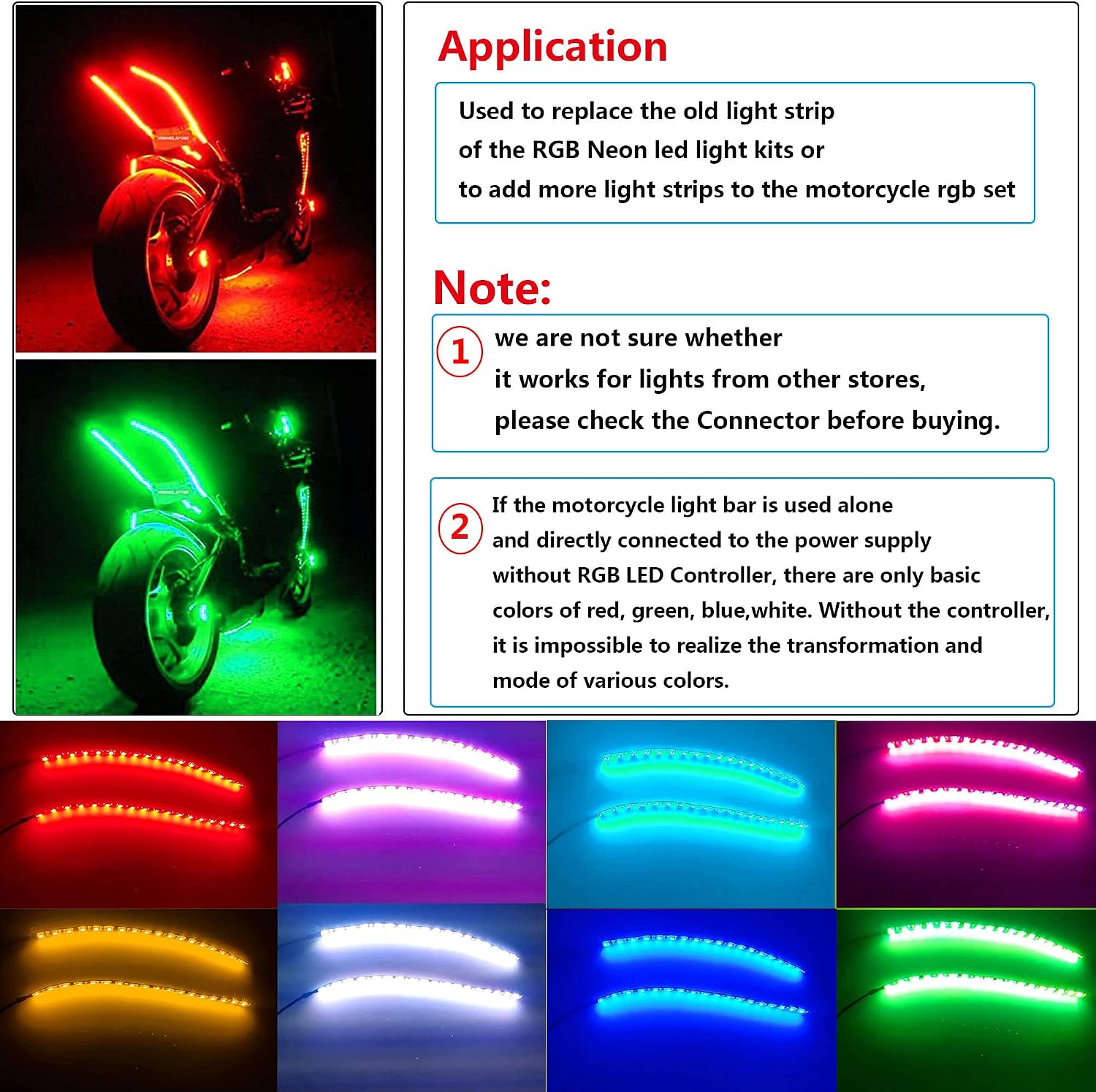 2Pcs 11.8in 18Leds RGB Motorcycle LED Strips Light Multi-Color Waterproof Neon Underglow Light Bars DC12V Replacement for Motorcycle led Light Kits ATV Car Golf cart Light Strip