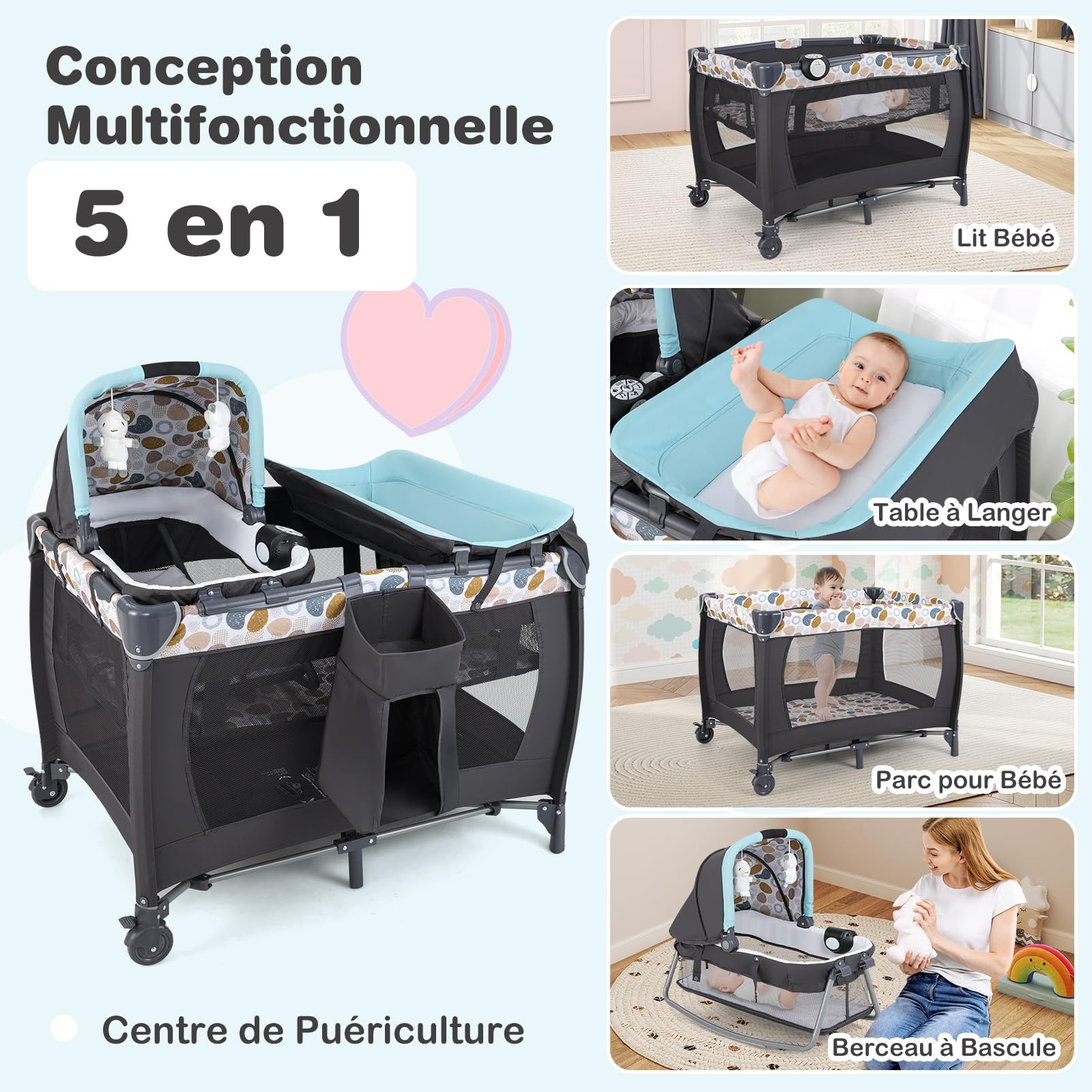COSTWAY 5 en 1 Lit Parapluie Bébé avec Matelas & Table à Langer, Lit Bébé Evolutif avec Boîte à Musique & Jouets Suspendus, Sac de Transport & Roues Verrouillables, Berceau pour 0-36 Mois (Bleu)
