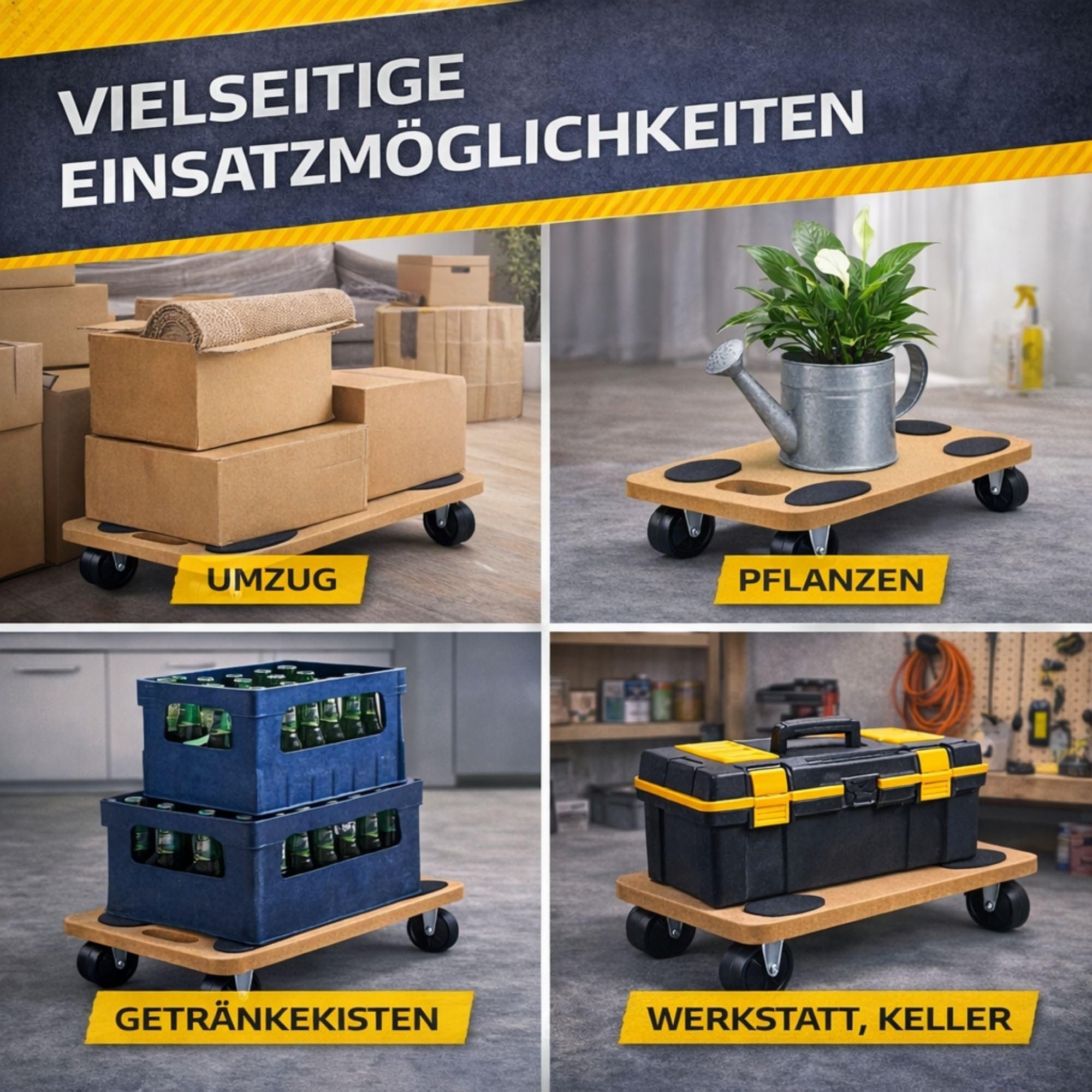 6X Rollbrett Transportroller 45 × 26 cm – bis 150 kg Tragkraft – Möbelroller aus MDF mit 4 Lenkrollen & Anti-Rutsch-Pads – Transporthilfe für Umzug, Haushalt & Werkstatt