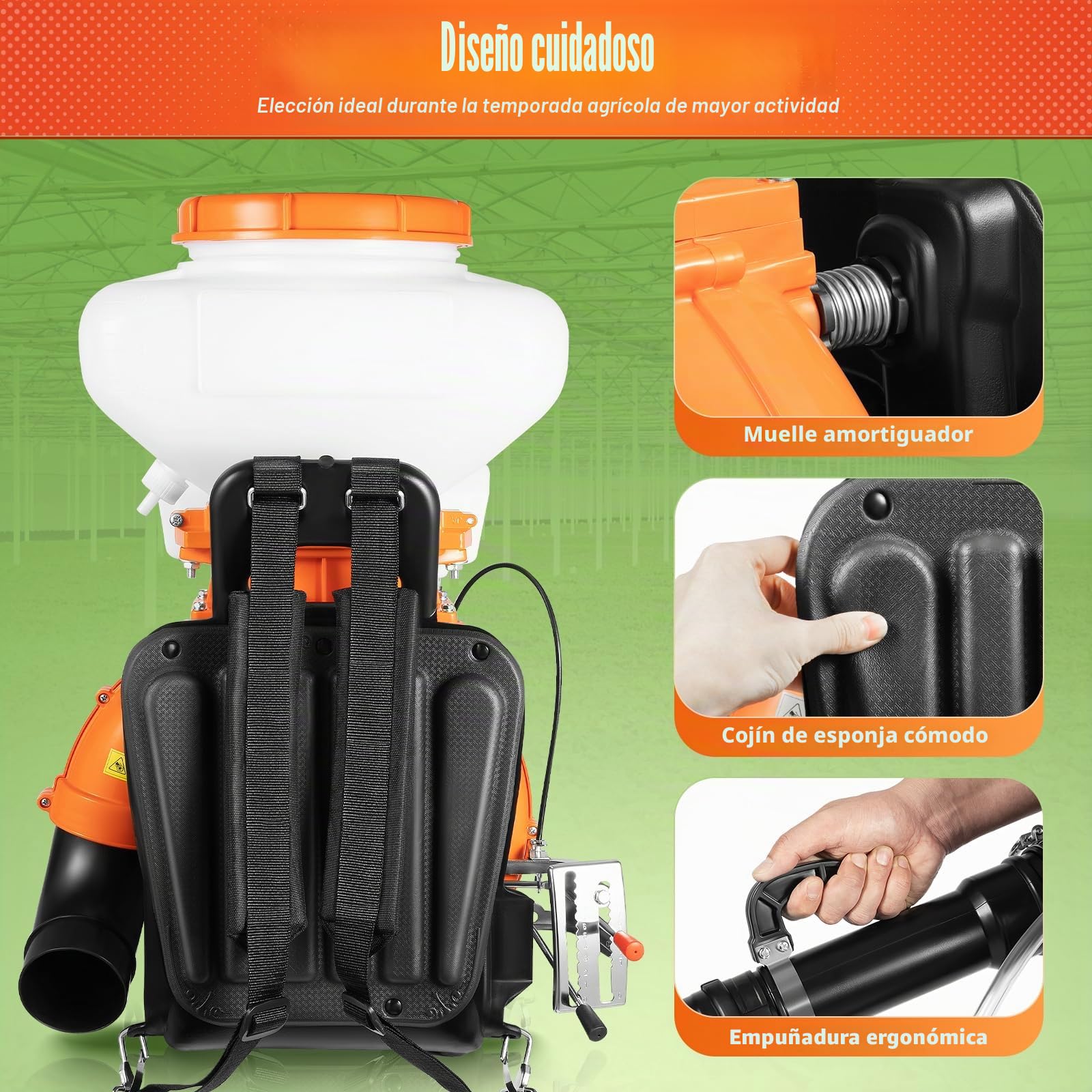 Motor de Pulverización de Gasolina para Espalmar en la Espalda 14L 2 Tiempos 2 13kW 2130W 7500 rpm 7500 U/min Alcance de Pulverización 12m Volumen de Pulverización 4L/min con Palanca de Control para
