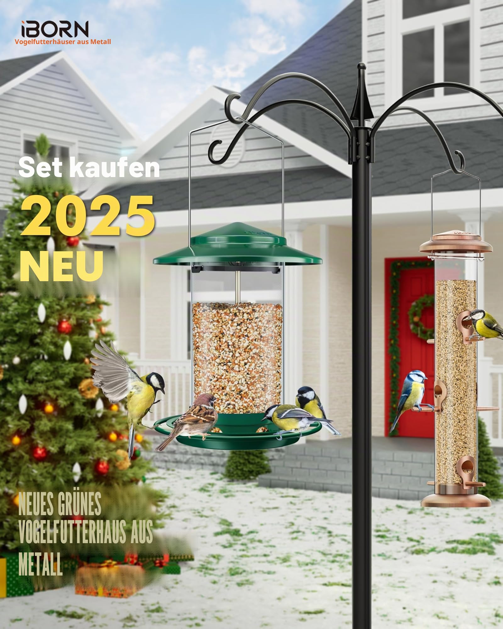 iBorn Vogelfutterspender,Metall Vogelhaus zum Aufhängen,Futterhaus für Vogel mit Futterschale,6 Futterlöcher,18 cm Wetterfest Dach,Ganzjährige Vogelfütterung,Wildvögel Futtersilo,Grün