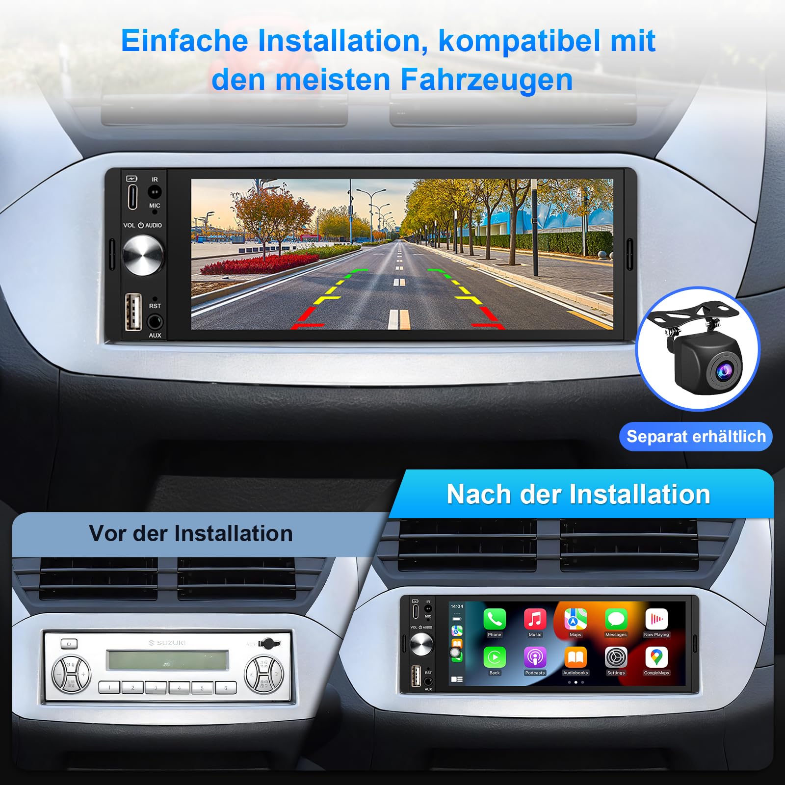 LEROAADZ 1 Din Autoradio mit Bildschirm Kompatibel mit Wireless CarPlay & Android Auto, 6,28 Zoll 1Din Car Radio with Carplay Display, Bluetooth, AM/FM RDS, USB/Typ-C, Aux-Eingang, Mirror Link