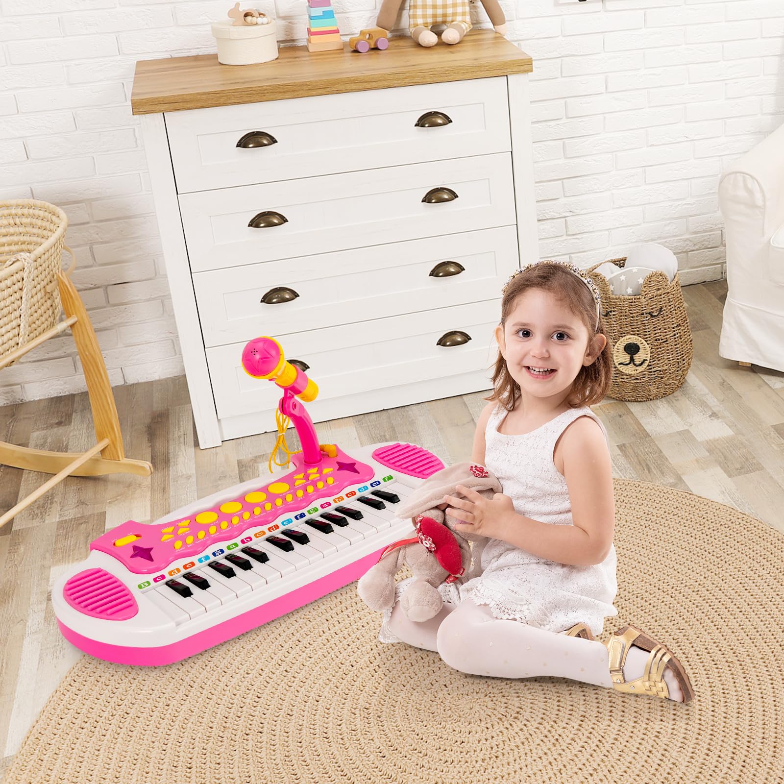 KOMFOTTEU Juego de Teclado de 31 Teclas para Niños, Piano Infantil con Efectos de Luz de Sonido y Micrófono, Juguete de Piano Electrónico con Taburete, Teclado para Niños 3 + (Rosa)