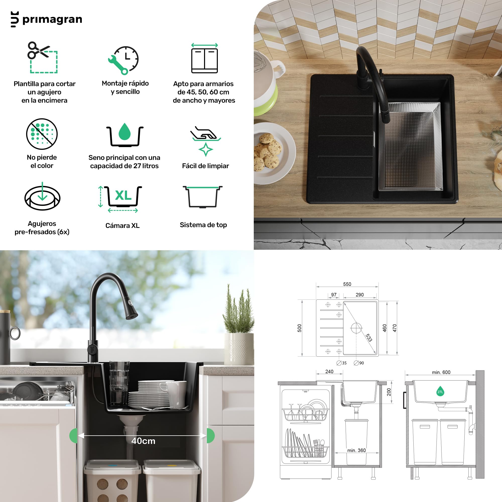PRIMAGRAN Fregadero Granito Todo Negro - Copenhague Top, 55x50cm | Cocina 1 Seno + Grifo 32x20cm + Set de accesorios, sobre Encimera al Mueble 40cm (S092)