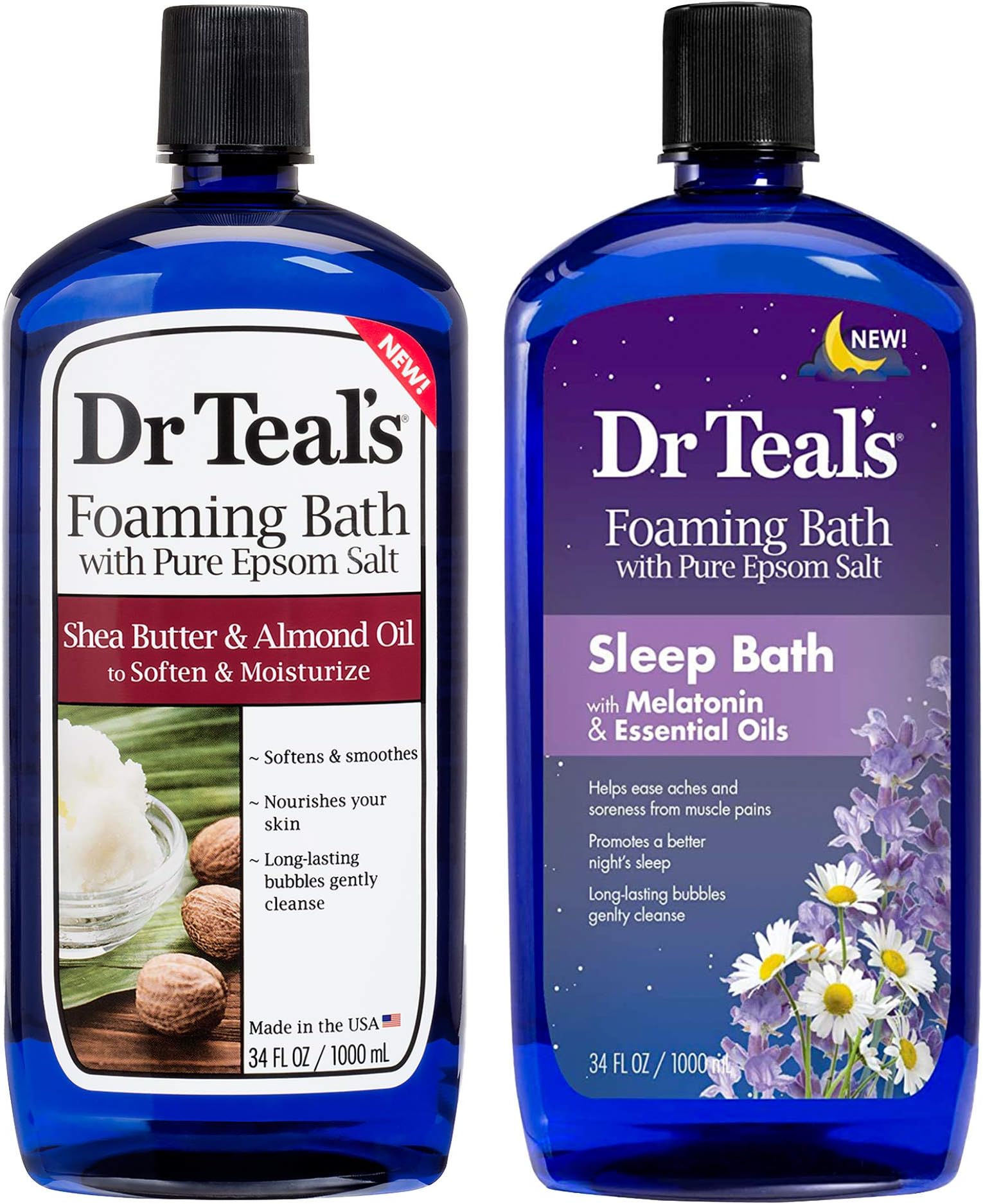 Dr. Teals Foaming Bath Variety Gift Set (2 Pack, 34oz Ea) Shea Butter & Almond Oil, Melatonin Sleep Bath - Essential Oils Blended with Pure Epsom Salt Eases Achy Muscles & Relieves Stress