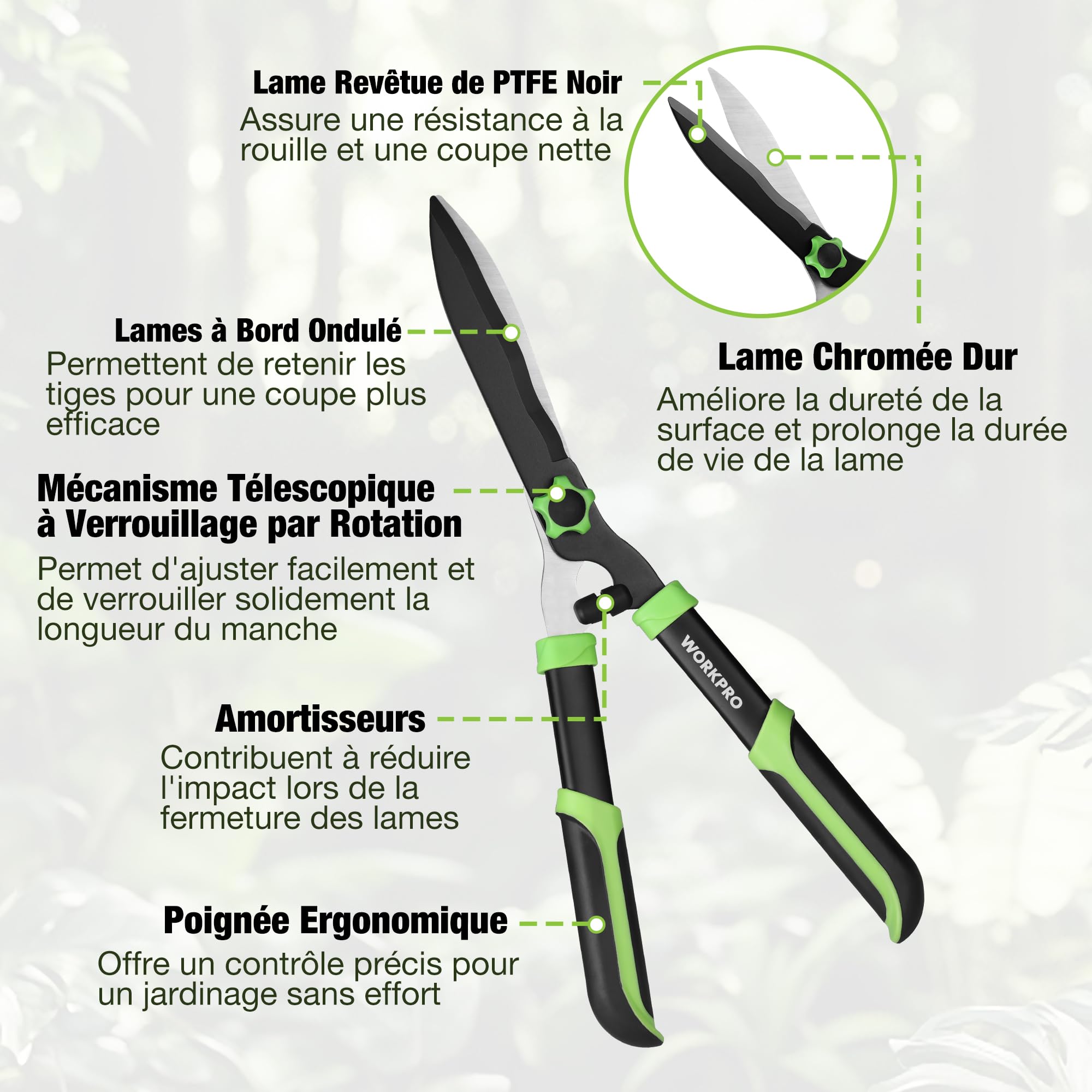 WORKPRO Set de 3 Cisailles de Jardin - Sécateur Bypass, Cisaille à Enclume et Cisaille à Haies - Kit Complet pour l'Entretien des Plantes