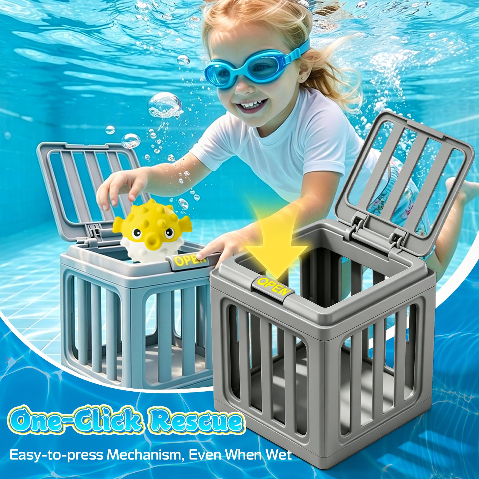 Kinder-Pool-Tauchspielzeug, Unterwasser-Tauch-Rettungsspielzeug mit 6 Ozeantieren und gewichteten Käfigen, interaktives Schwimmbad-Tauchspielzeug für Training, lustiger Sommer, Outdoor, Strand