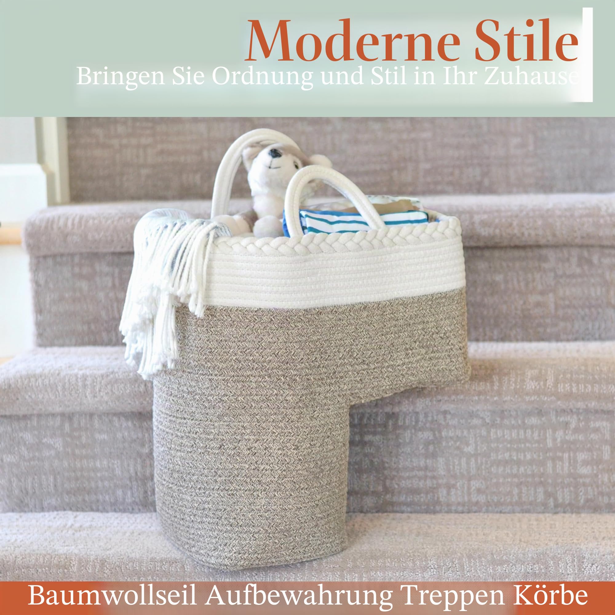 Treppenkorb für Teppich- und Holztreppen, Baumwollseilkorb, Griffe, Aufbewahrung, Treppenstufenkorb für Wäsche, Spielzeug, Kinderzimmer, cremefarben und braun, 40 cm L x 20 cm B x 40 cm H