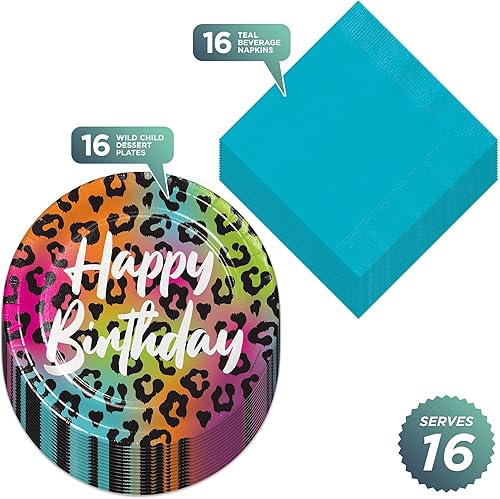 Miniatura 2 de Live It Up Party Supplies Wild Child - Platos de postre de papel con estampado de animales de feliz cumpleaños y servilletas de color verde azulado