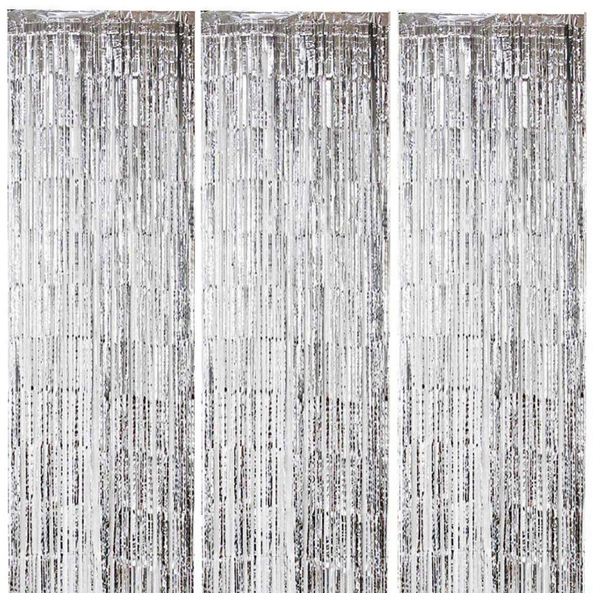 ONUPGO 3 Pack 1m x 3m Silver Foil Curtains Metallic Tinsel Fringe Curtain Photo Booth Props Backdrop Curtain Perfect for Birthday Wedding Baby Shower Christmas Holiday Party Decorations